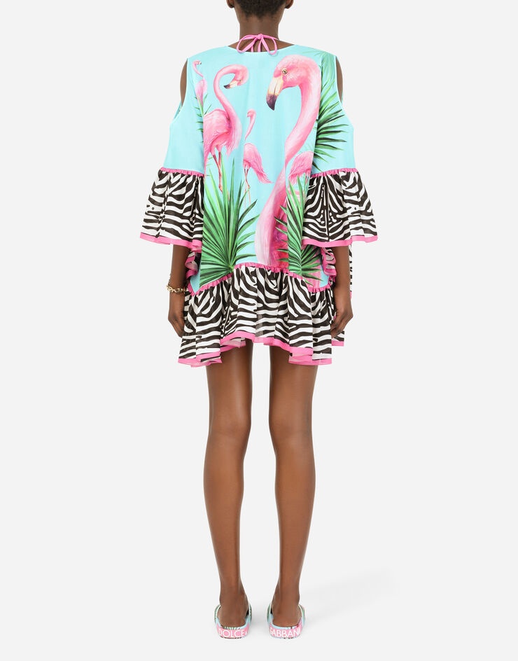 Flamingo-print poplin caftan - 7