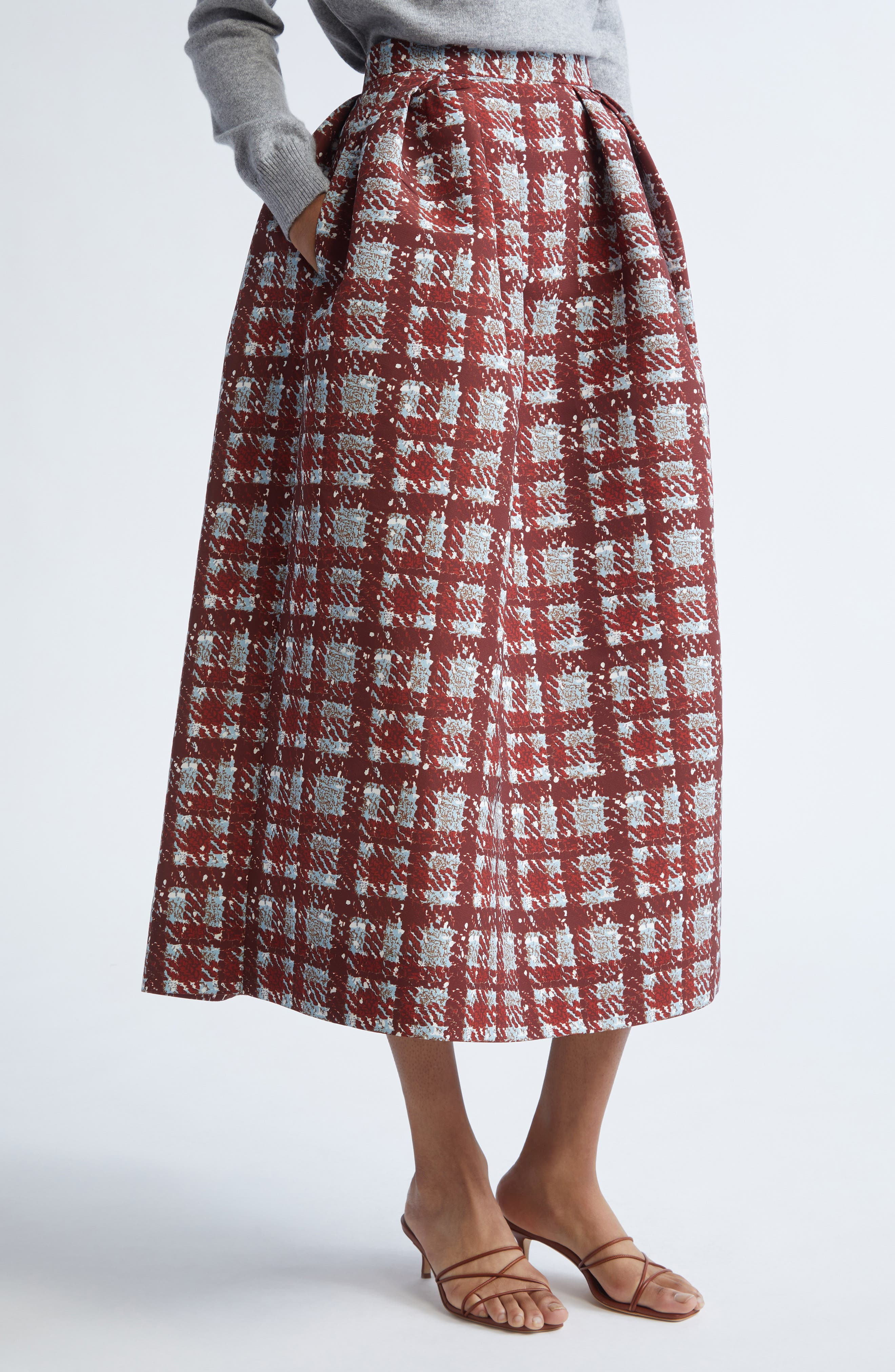 Oscar de la Renta Plaid Textured Faille A-Line Skirt in Burgundy/Blue at Nordstrom - 5