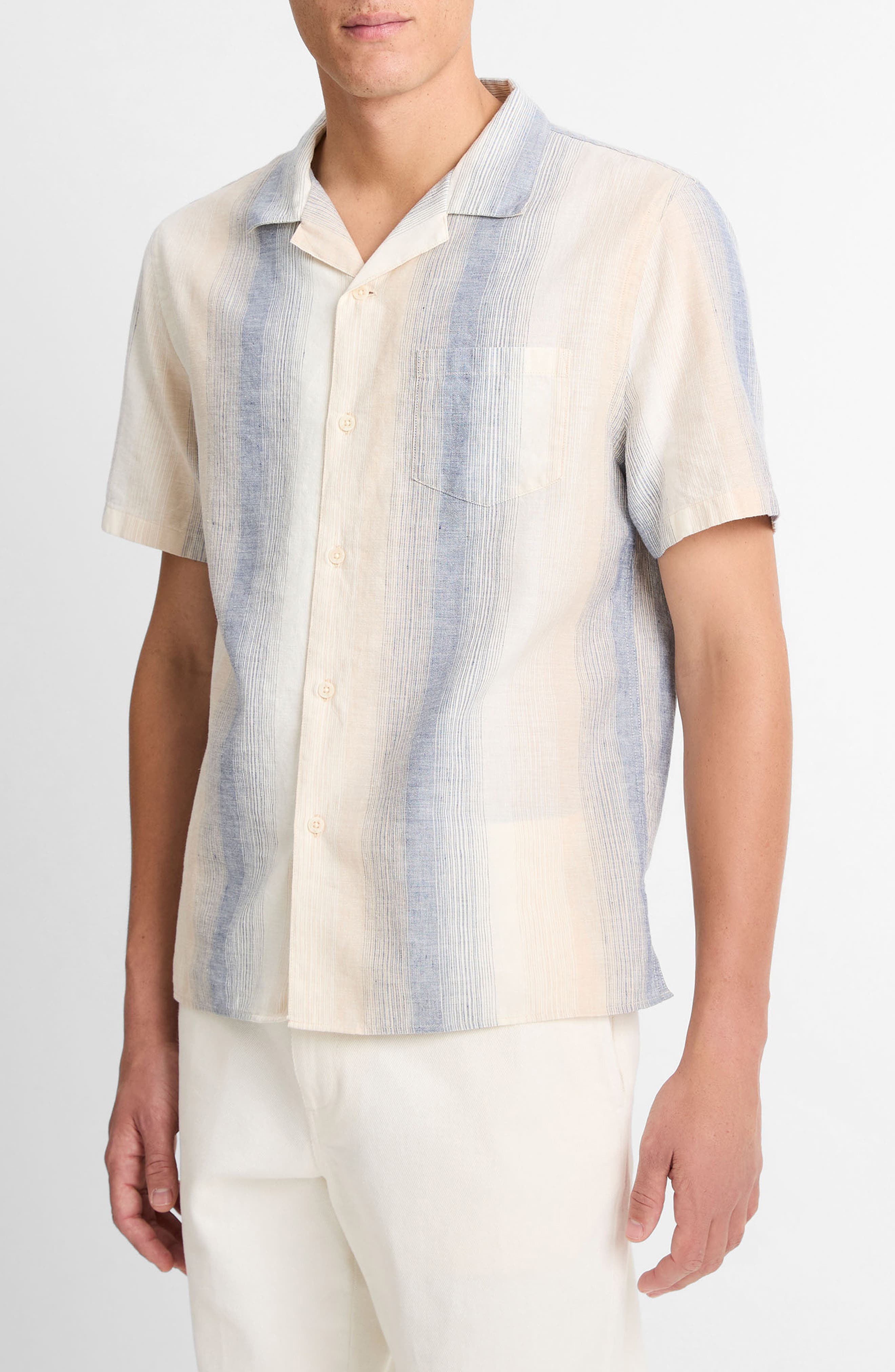 Vince Cabana Cotton & Linen Camp Shirt in Blanco/riveria Blue at Nordstrom - 1