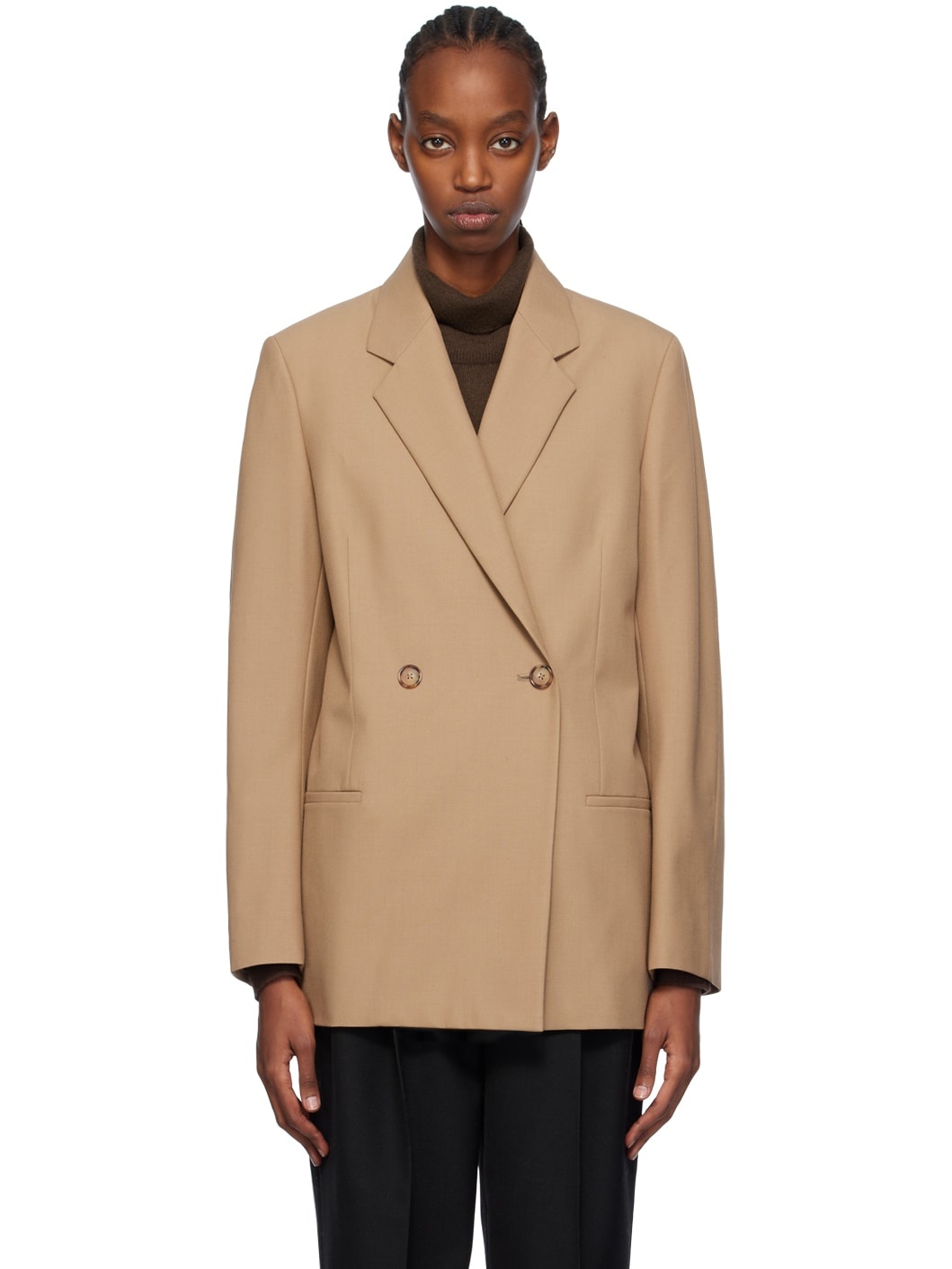 Tan Double-Breasted Blazer - 1