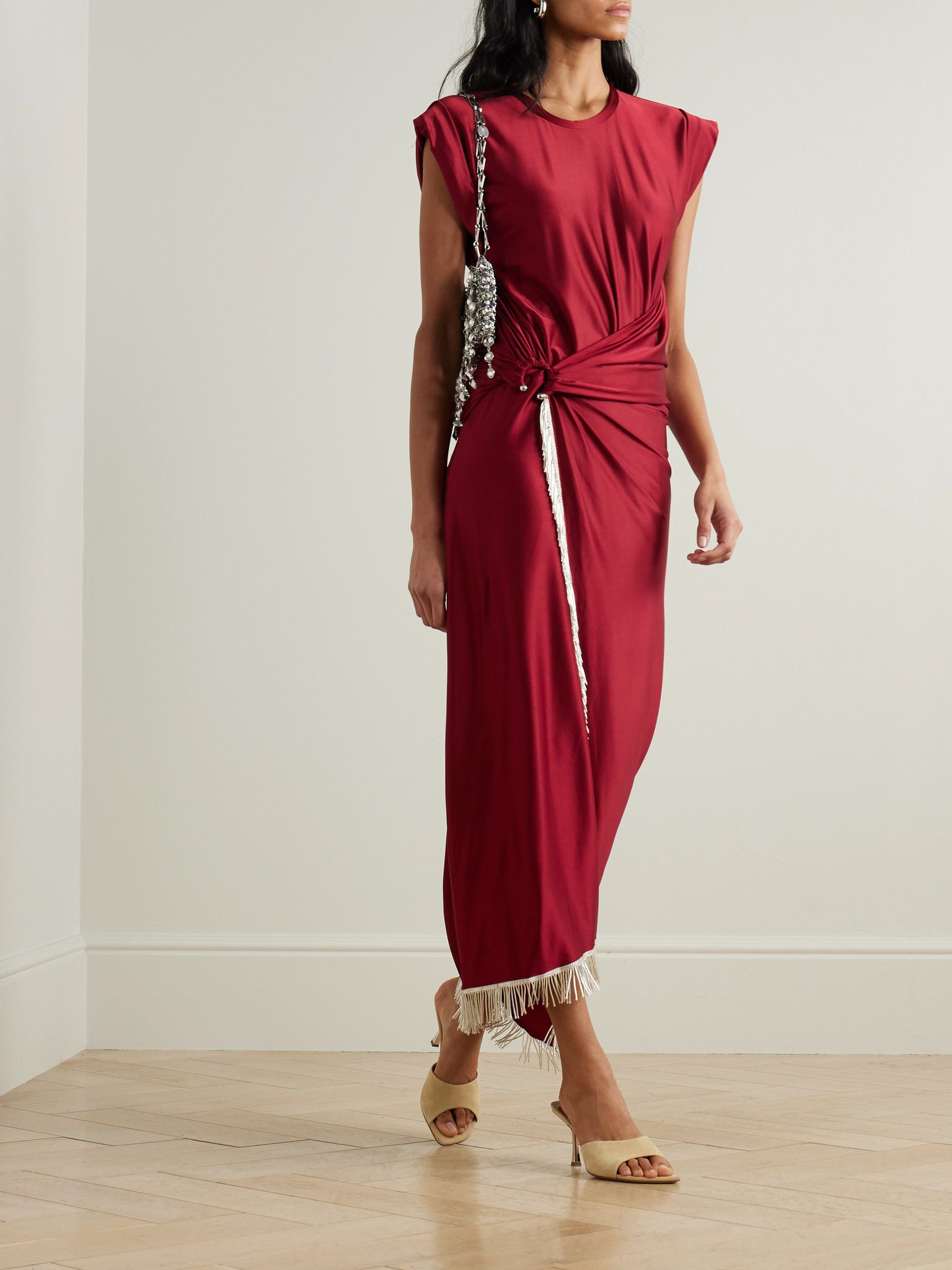 Asymmetric fringed draped satin-jersey dress Red - 2