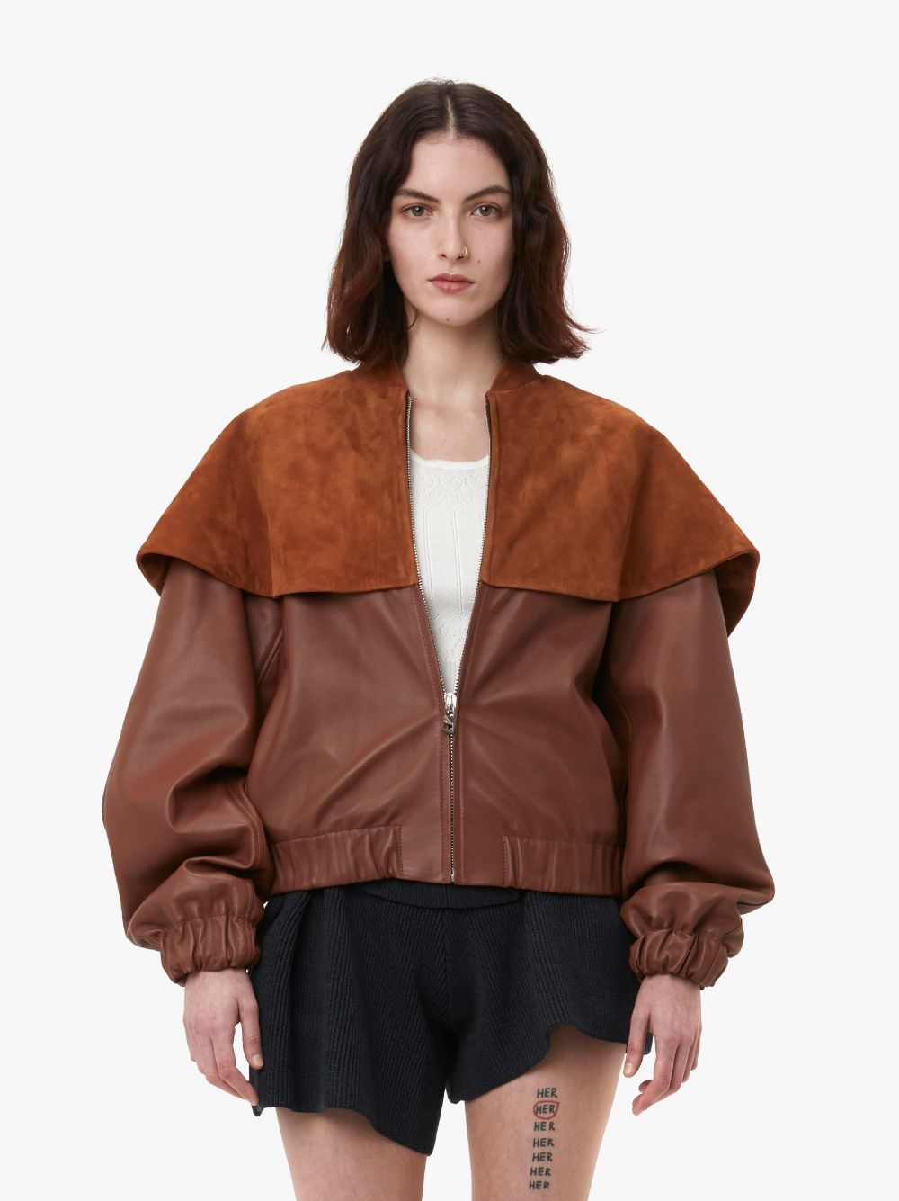 LEATHER BOMBER JACKET WITH OVERSIZED COLLAR - 2
