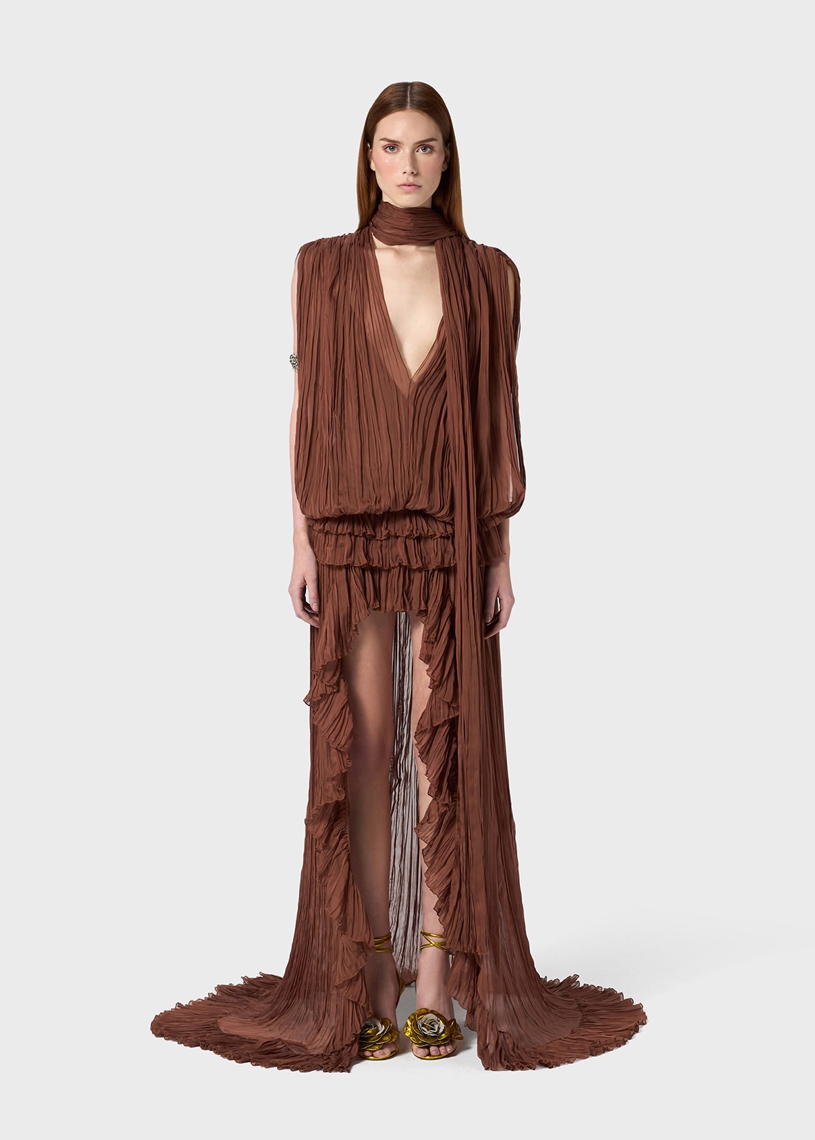PLEATED ASYMMETRIC DRESS IN SILK CHIFFON - 3