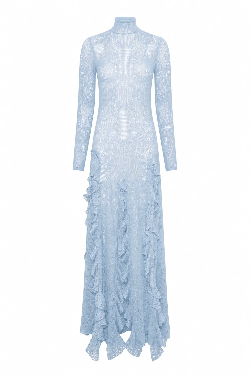 Solway Pointelle Knit Lace Dress in Light Blue Silk Merino Wool with Custom Ruffles - 1