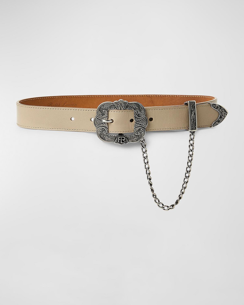 Tooled-Buckle Chain-Trim Calfskin Belt 1
