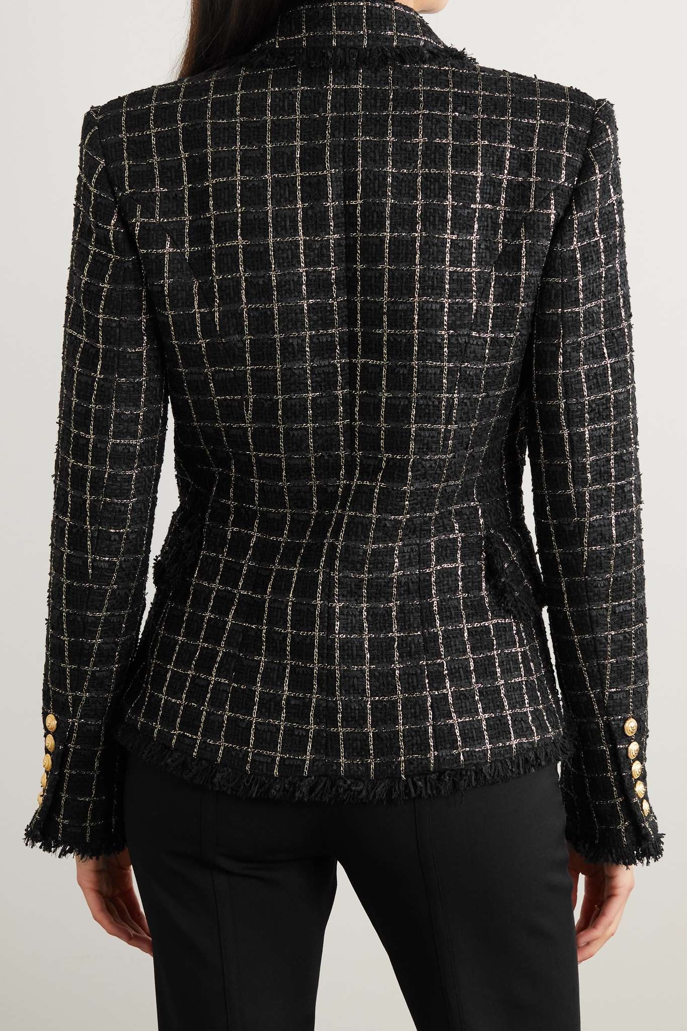 Double-breasted frayed checked metallic tweed blazer - 3