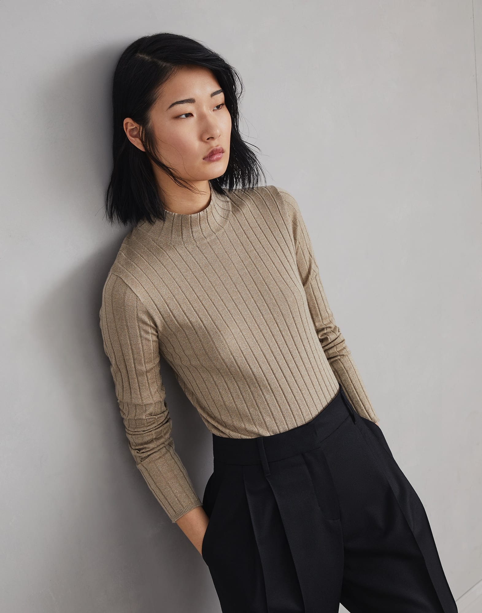 Sparkling cashmere and silk rib knit mock neck sweater - 4
