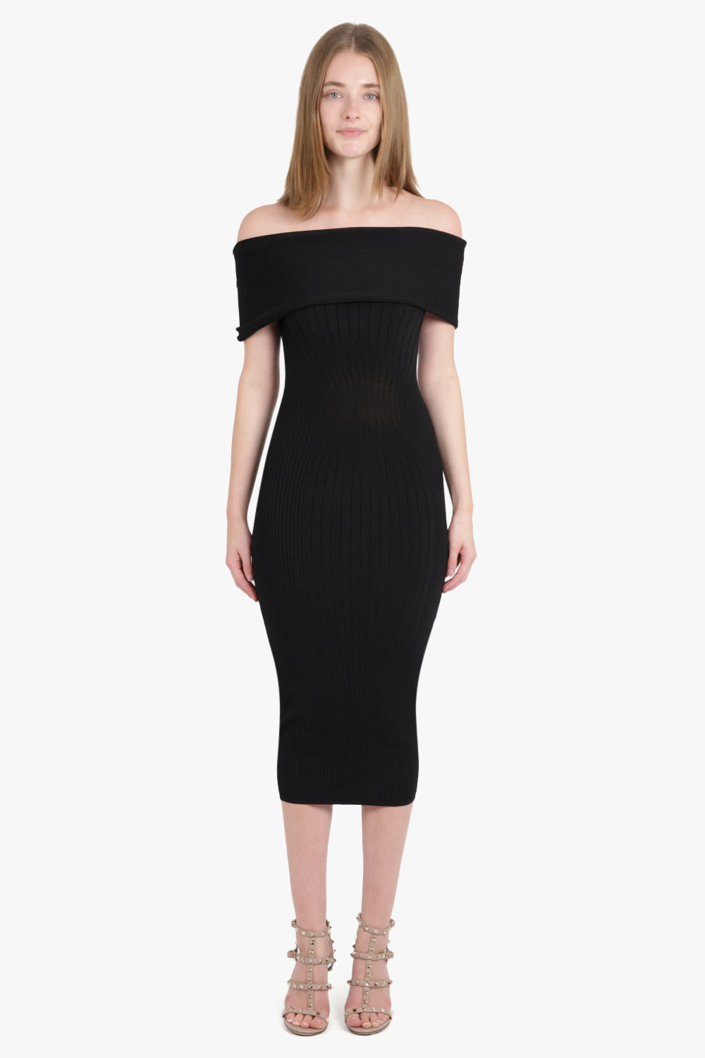 OFF SHOULDER SCULPTING KNIT MIDI DRESS | BLACK - 3