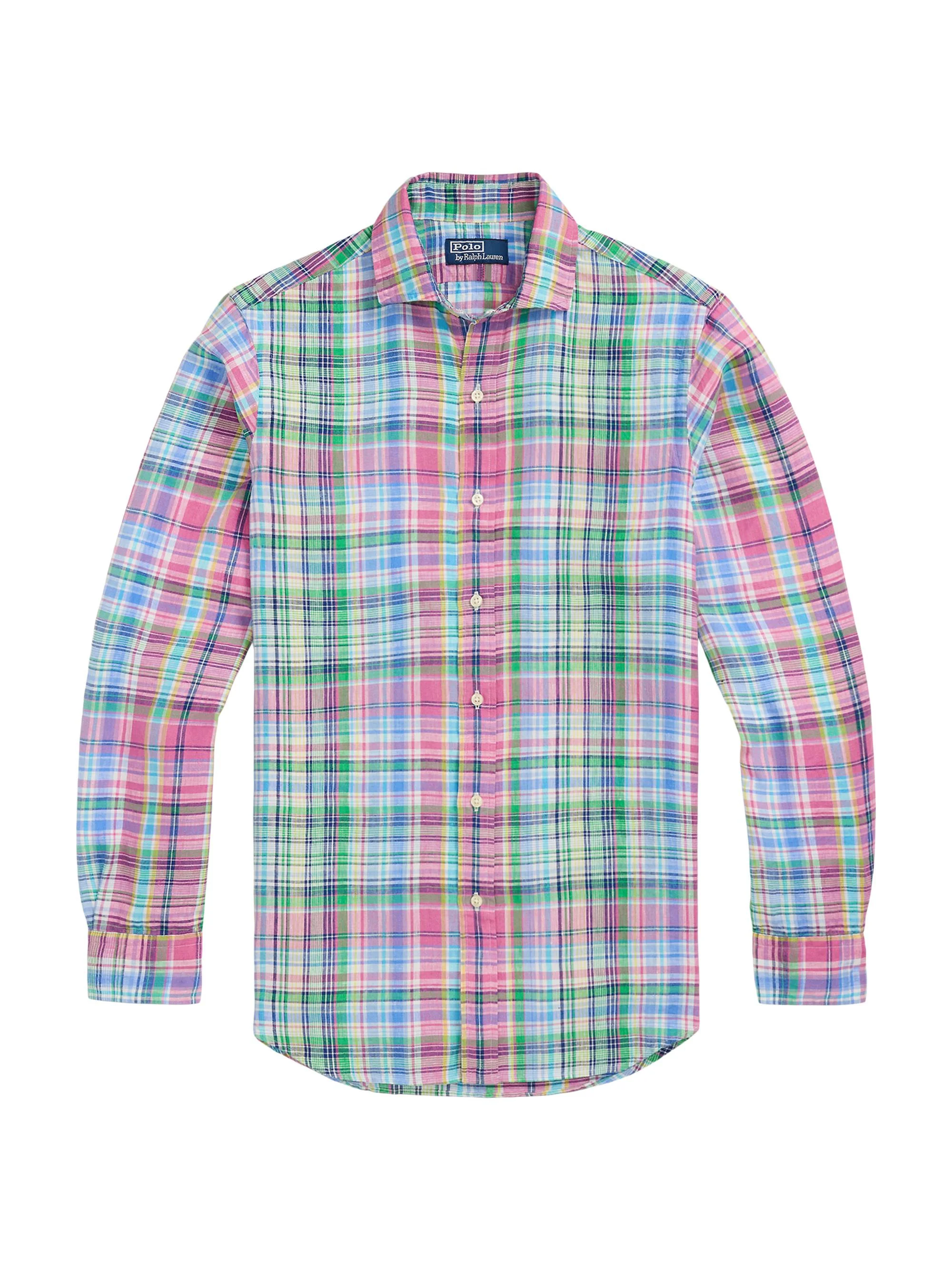 Men's Classic Fit Plaid Linen Shirt - Pink Blue Multi - 1