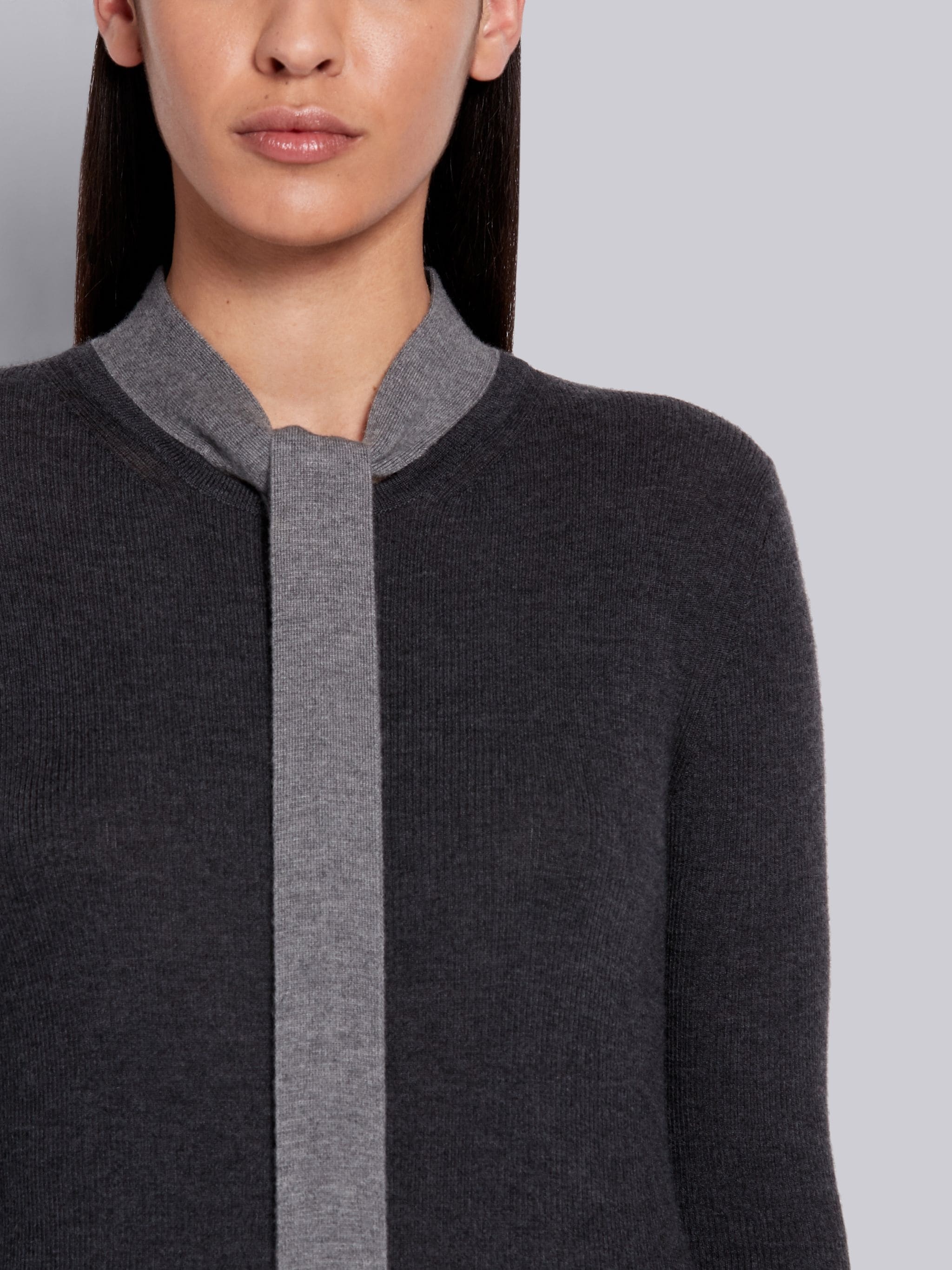 Dark Grey Cashmere Rib Neck Tie Crewneck Pullover - 5