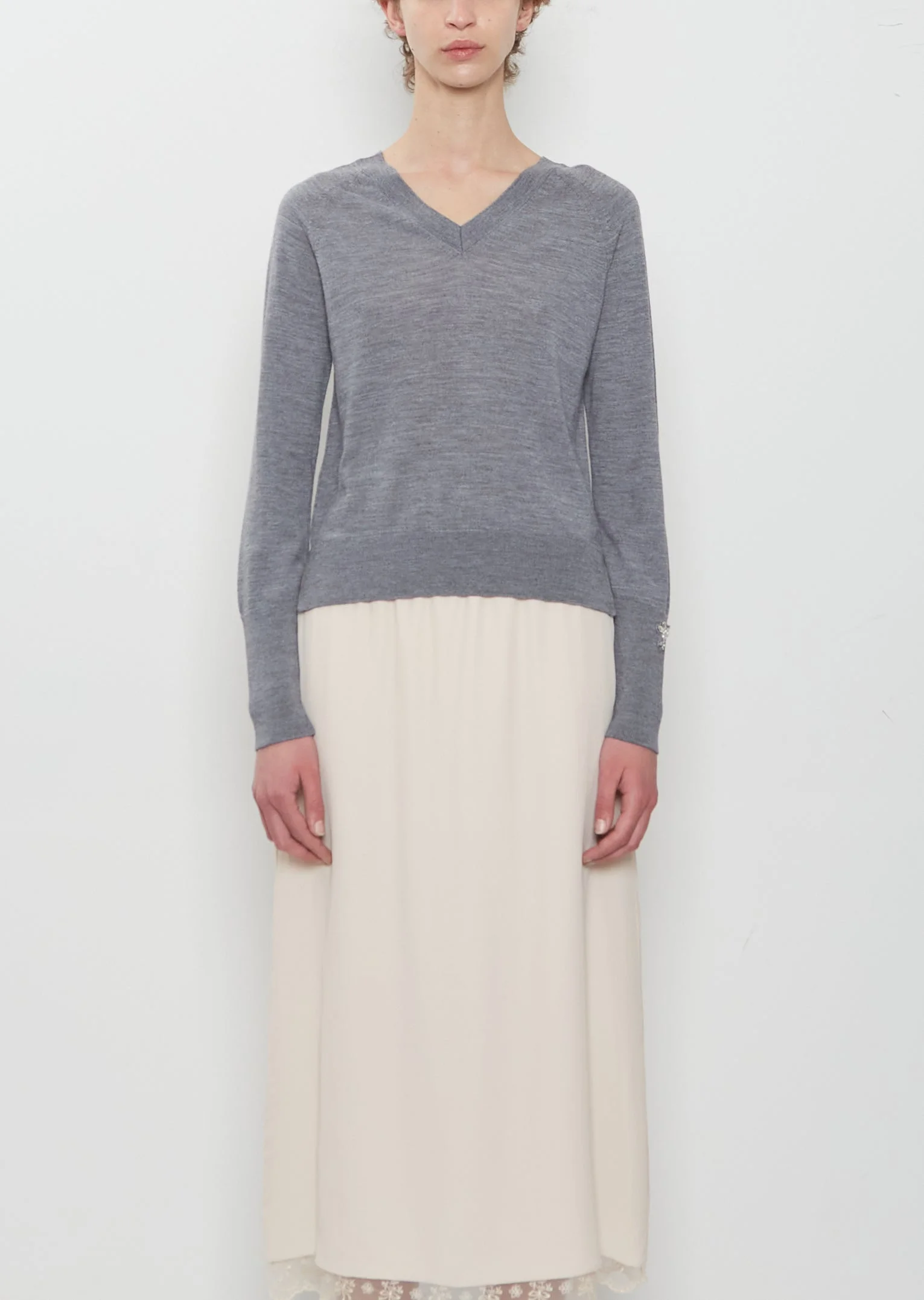 Merino Silk Double V-Neck Jumper w/ Embroidery - 1