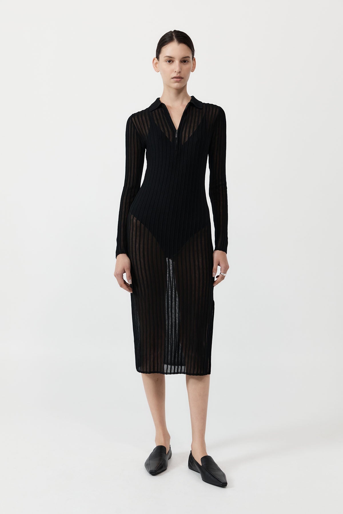 Sheer Stripe Dress - Black - 2