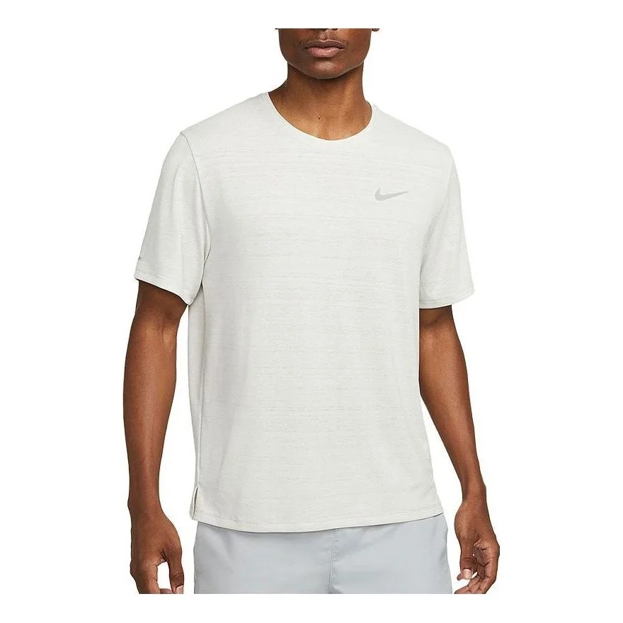 Men's Nike Dri-fit Miler Solid Color Logo Luminous Crew Neck Running Short Sleeve Light Bone T-Shirt - 1