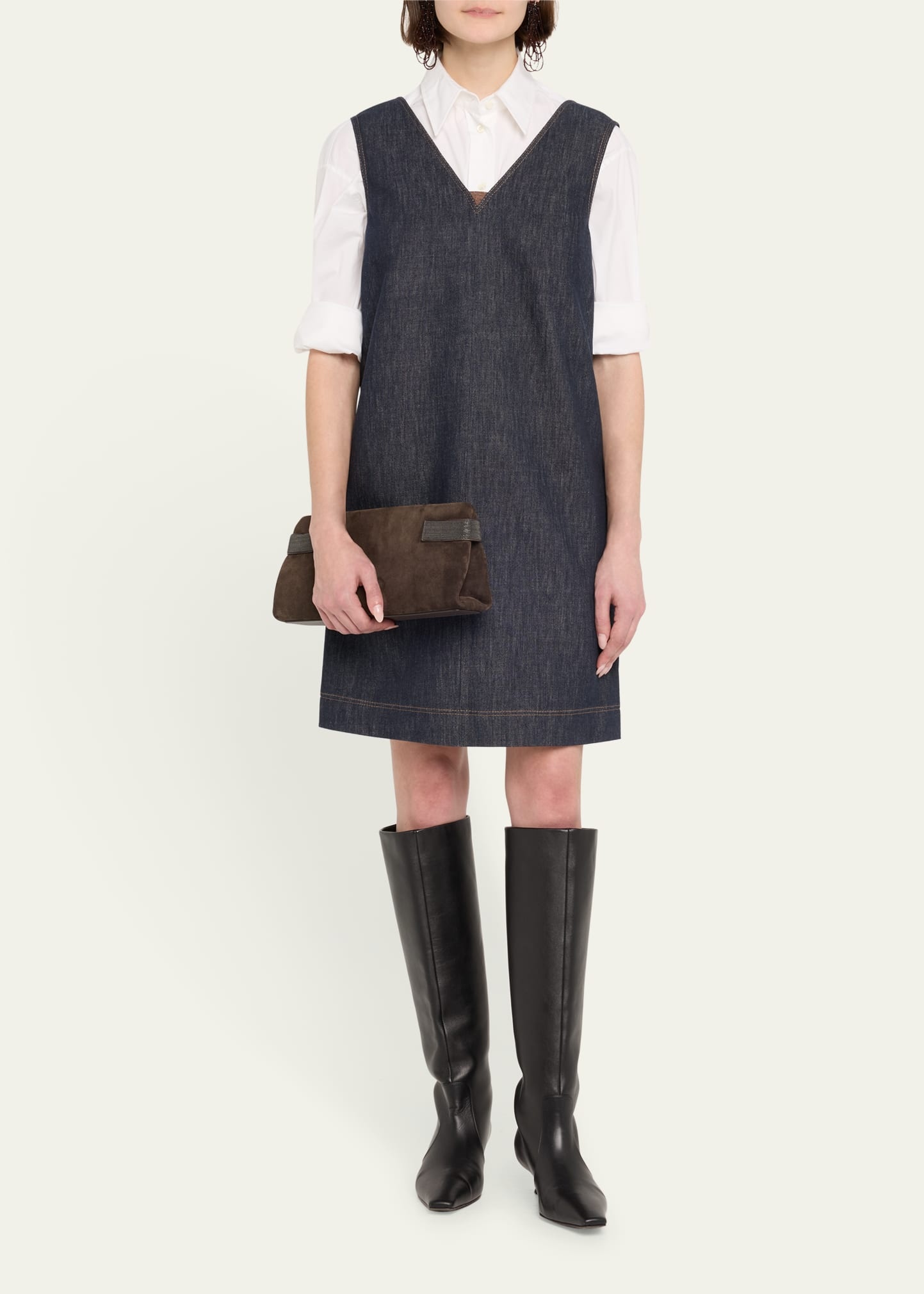 Short V-Neck Denim Tank Dress with Monili Insert - 2
