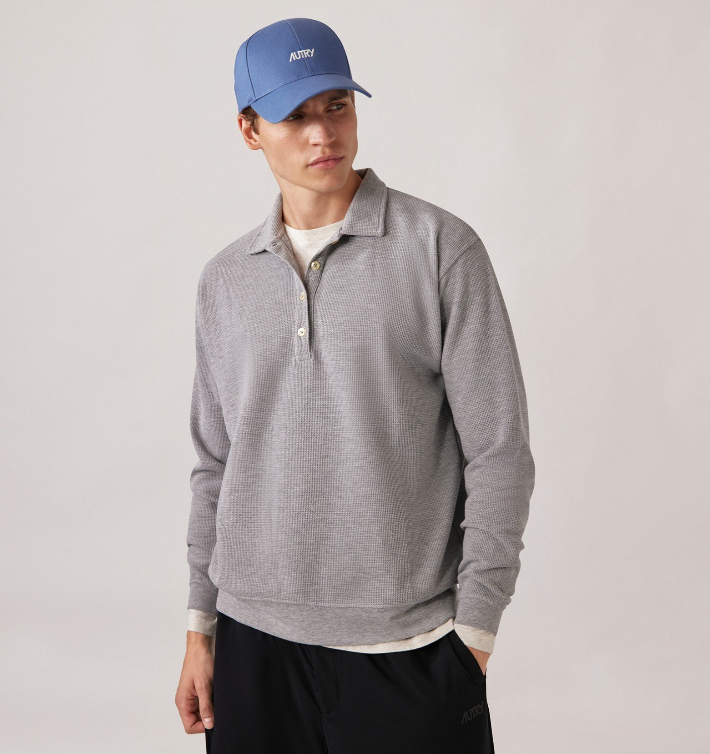 UNISEX TONAL LOGO WAFFLE LONG-SLEEVE POLO - 2
