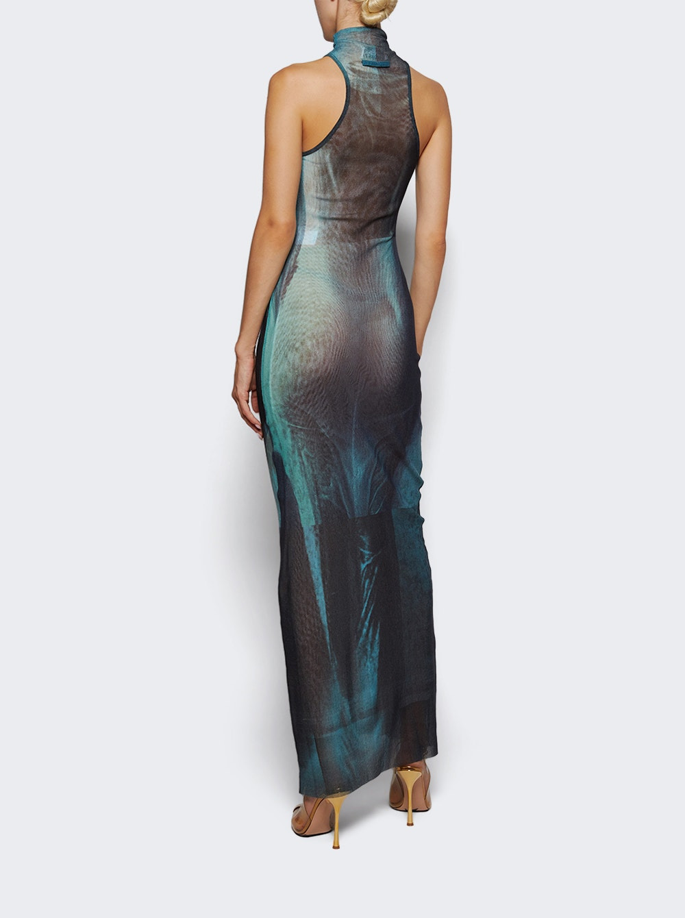 Mesh High Neck Long Dress Water Print - 4