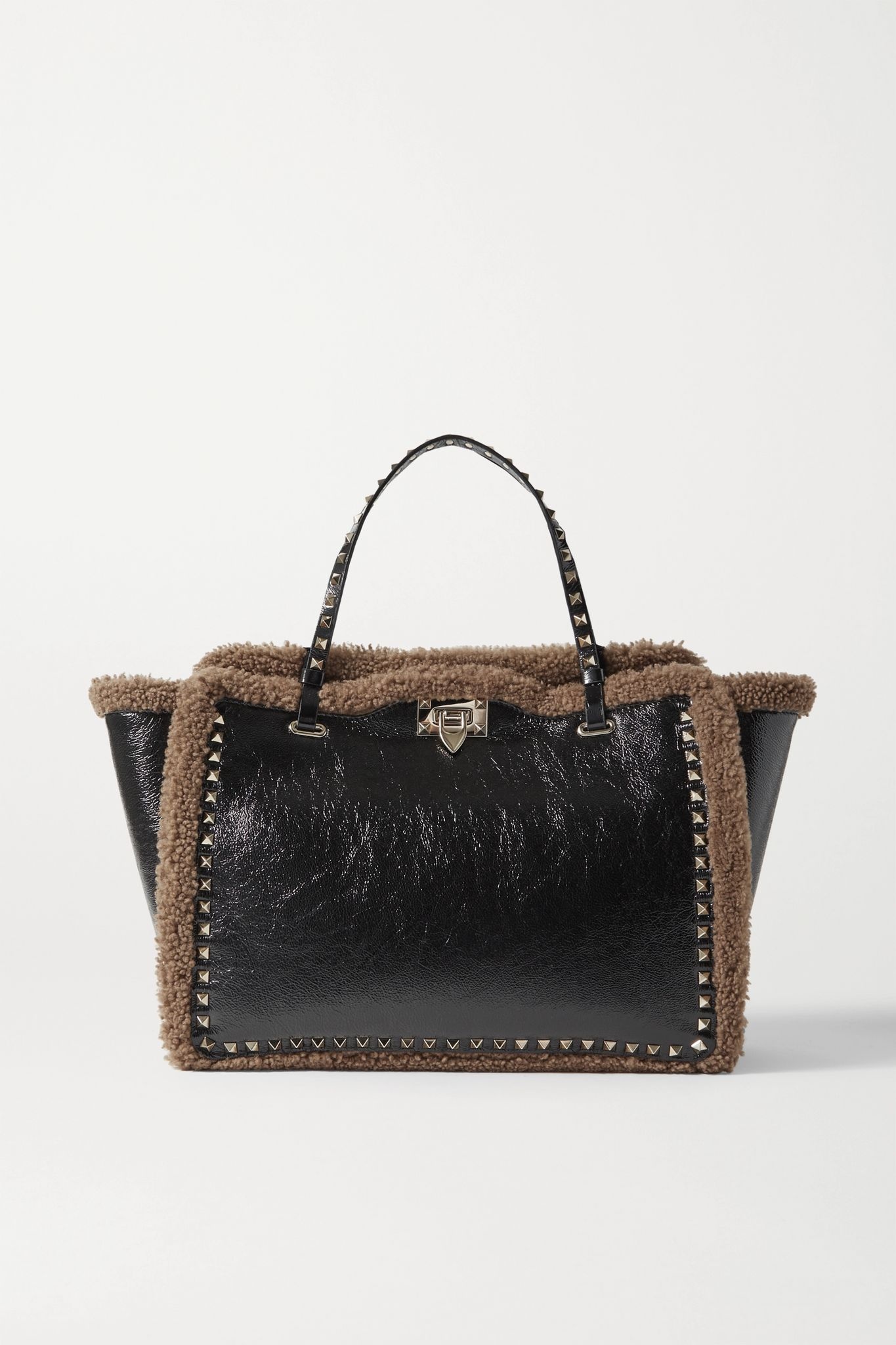 Valentino Garavani Rockstud shearling-trimmed crinkled-leather tote - 1