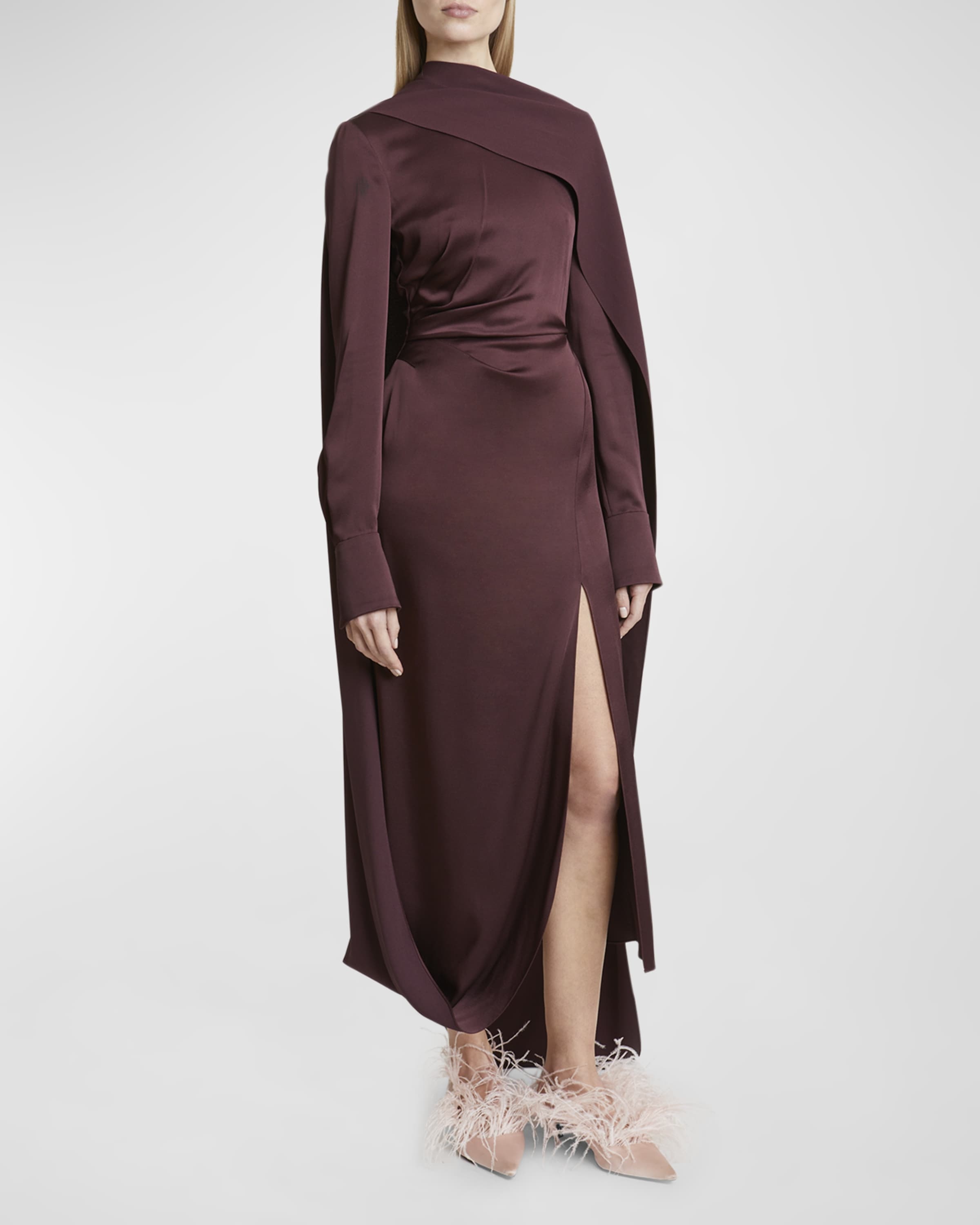 Long-Sleeve Draped Scarf Satin Maxi Dress - 2