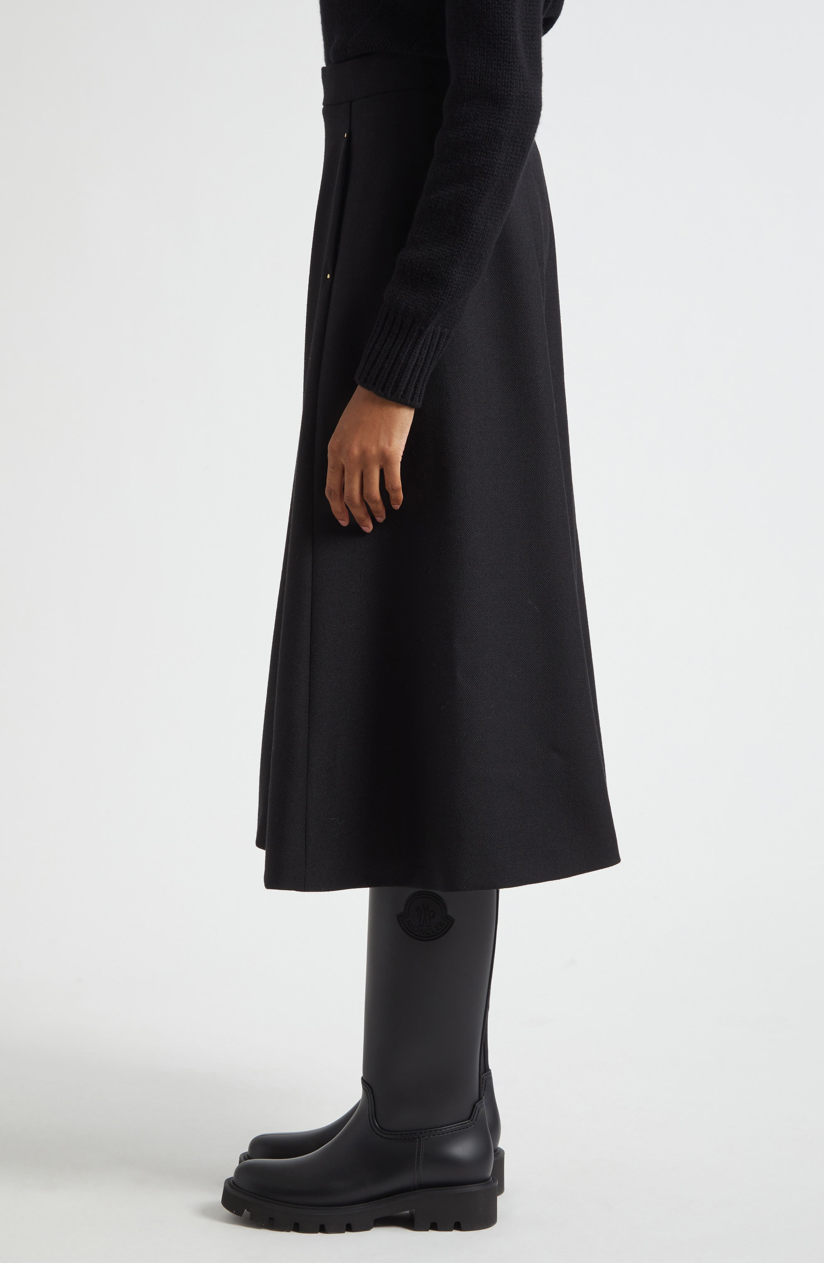 Moncler Virgin Wool A-Line Midi Skirt in Black at Nordstrom - 4
