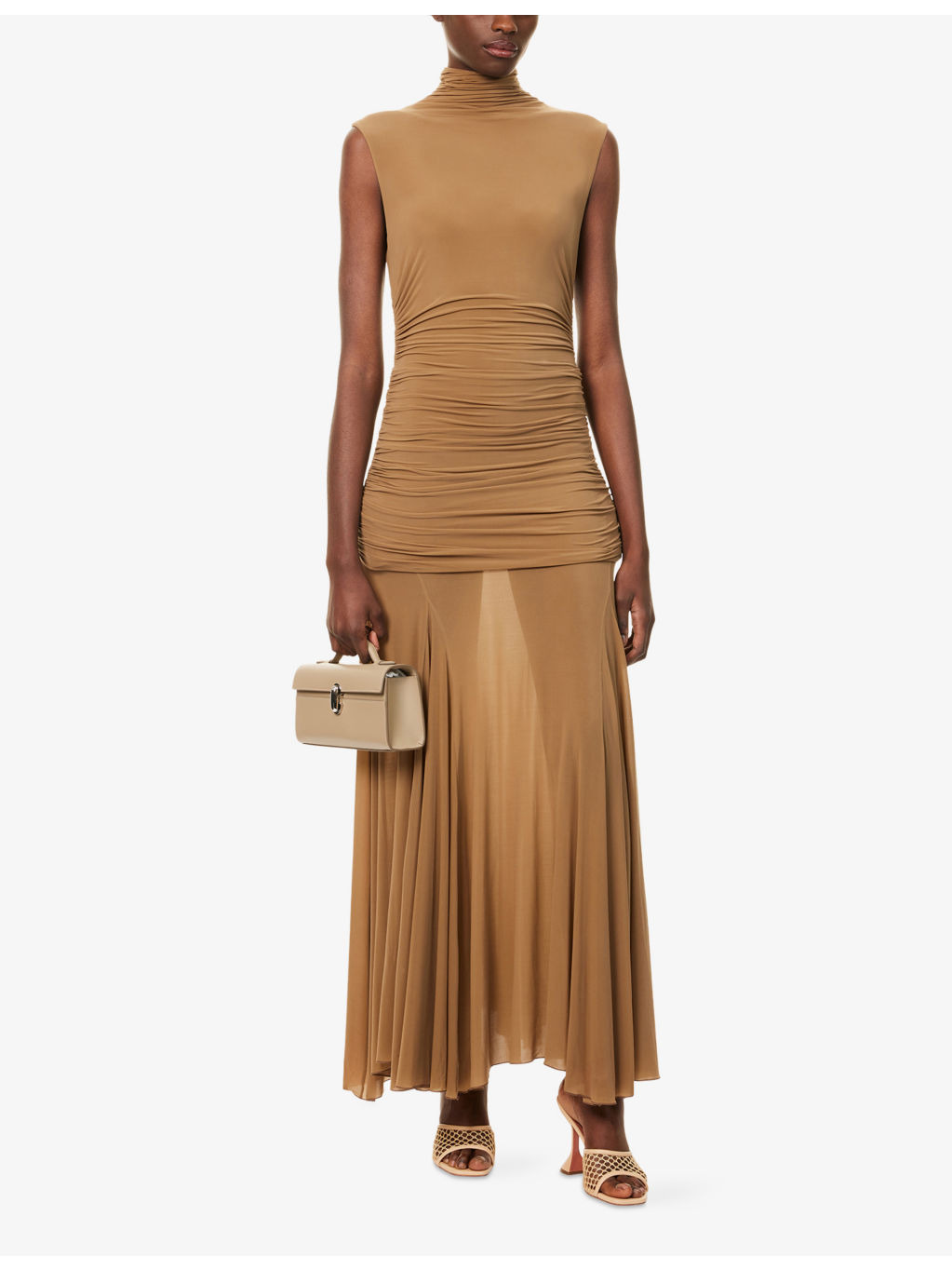 High-Neck Ruched Stretch-Woven Midi Dress - 2