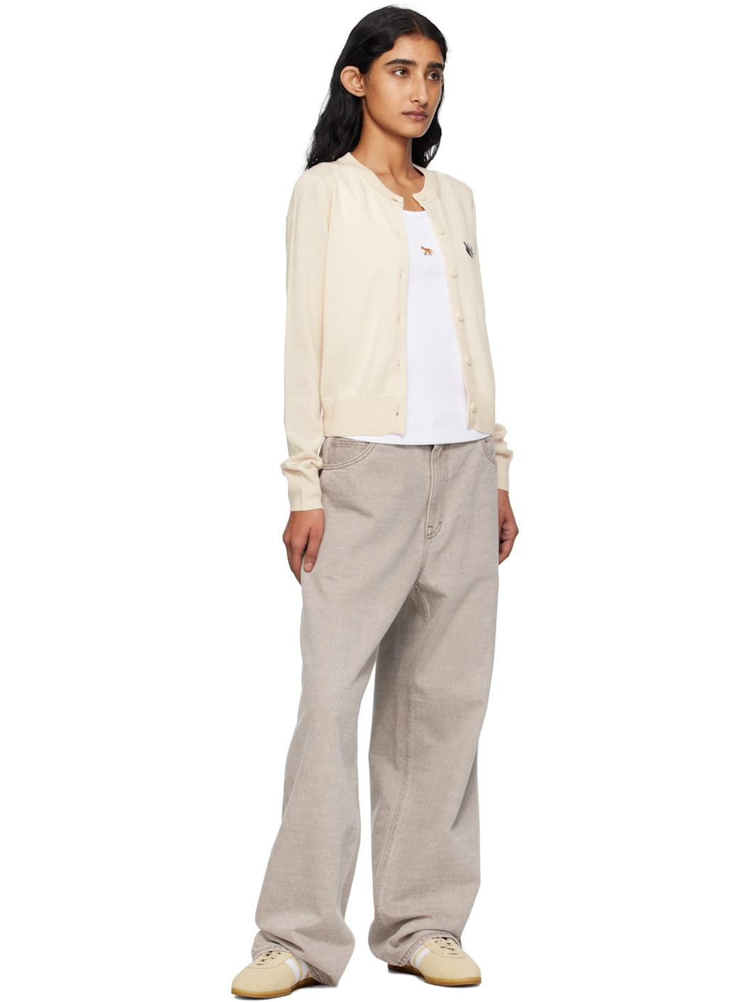 Beige Double Bold Fox Head Patch Regular Cardigan - 4