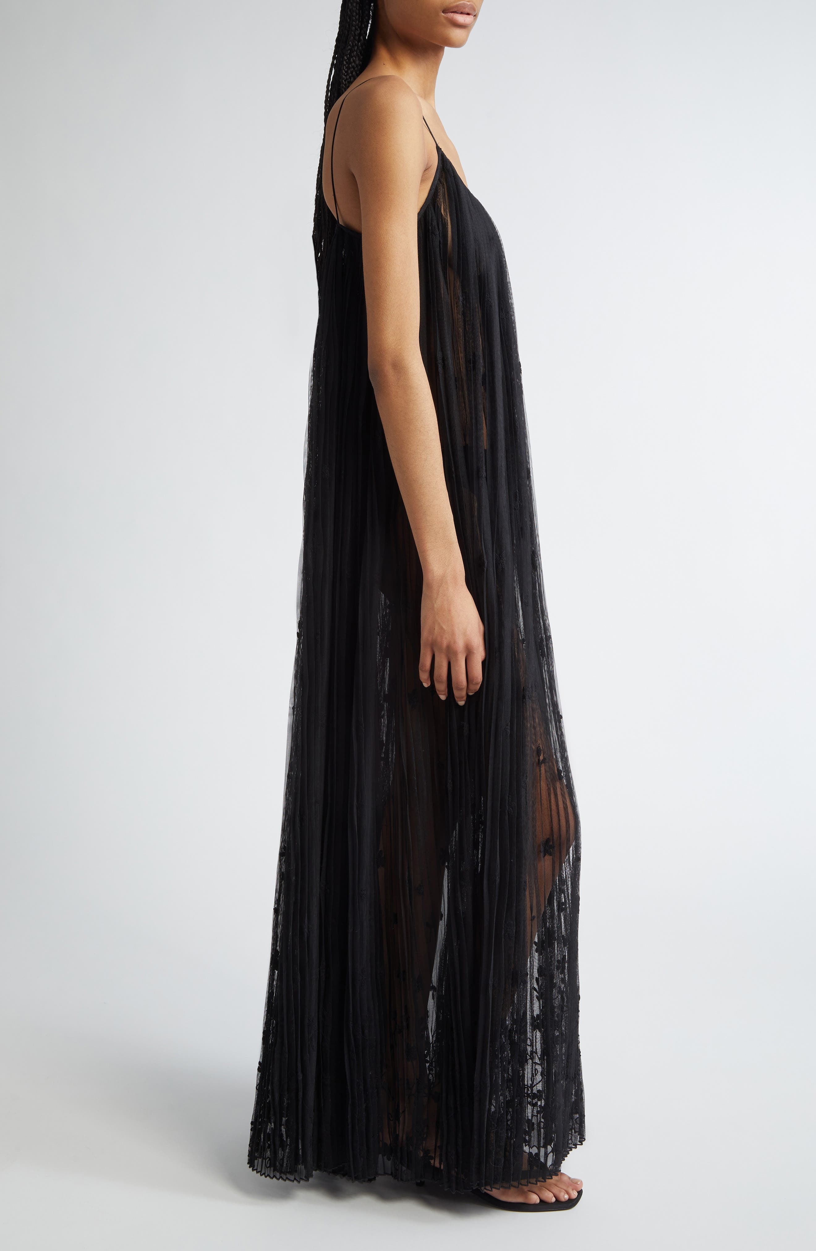 TOTEME Floral Plissé Tulle Maxi Dress in Black at Nordstrom - 3