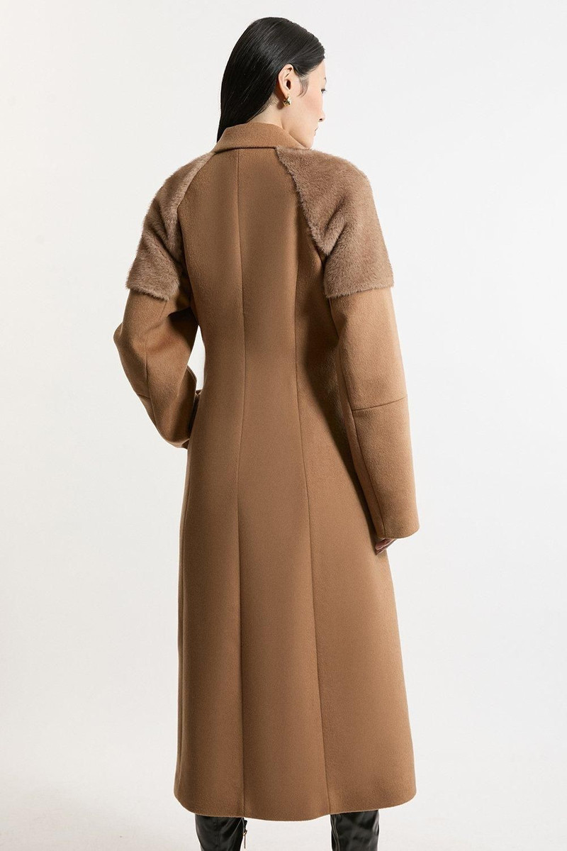 Wool Blend Faux Fur Sleeve Detail Tailored Midaxi Coat 5