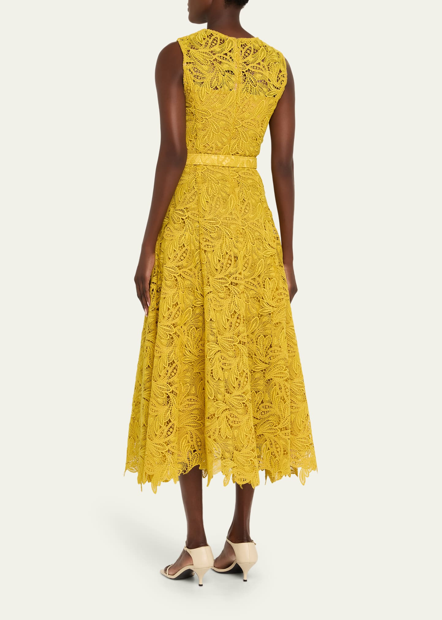 Sleeveless Feather Scroll Guipure Midi Day Dress With Belt - 3