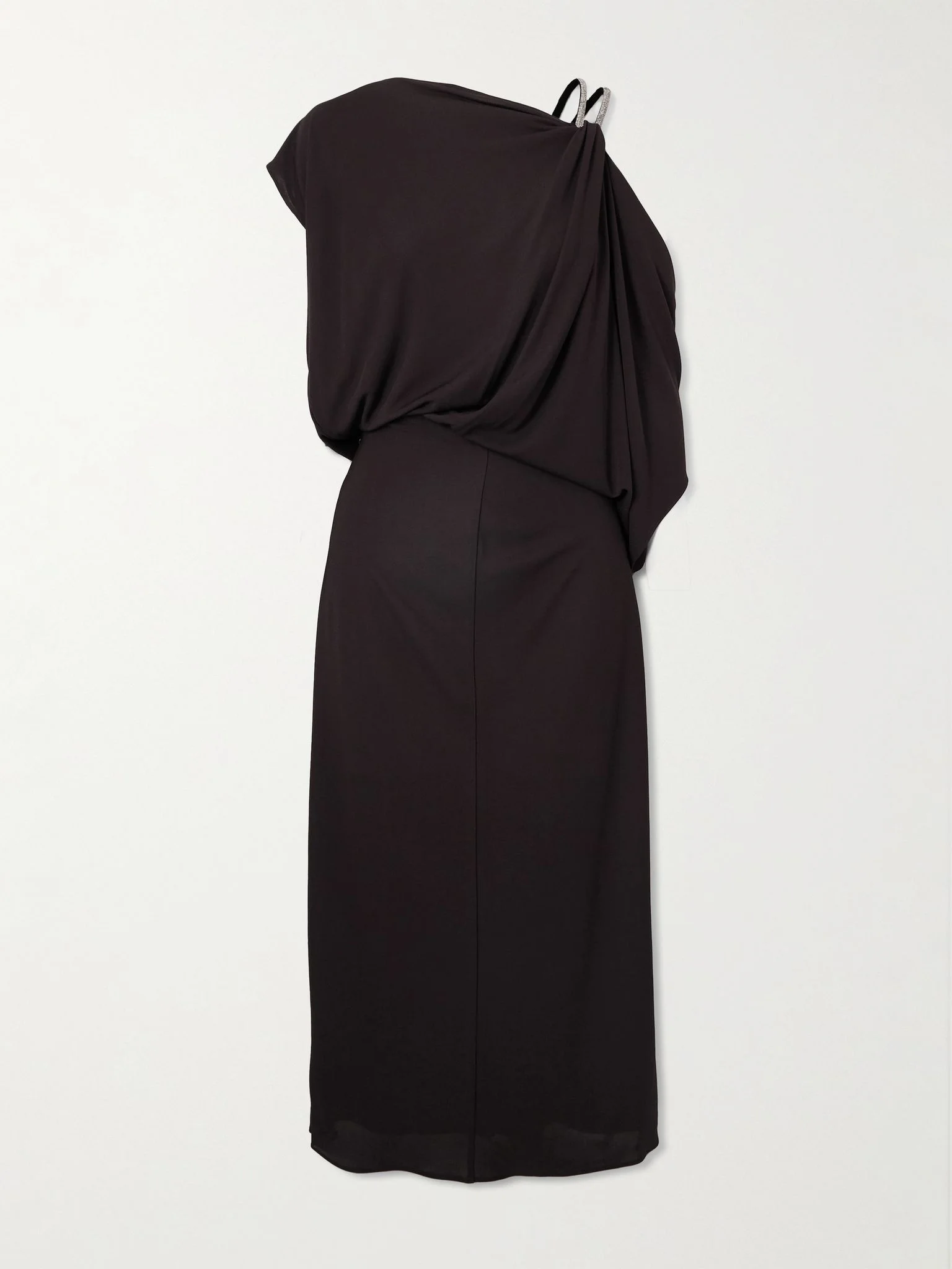 Asymmetric draped embellished jersey midi dress Dark brown - 1