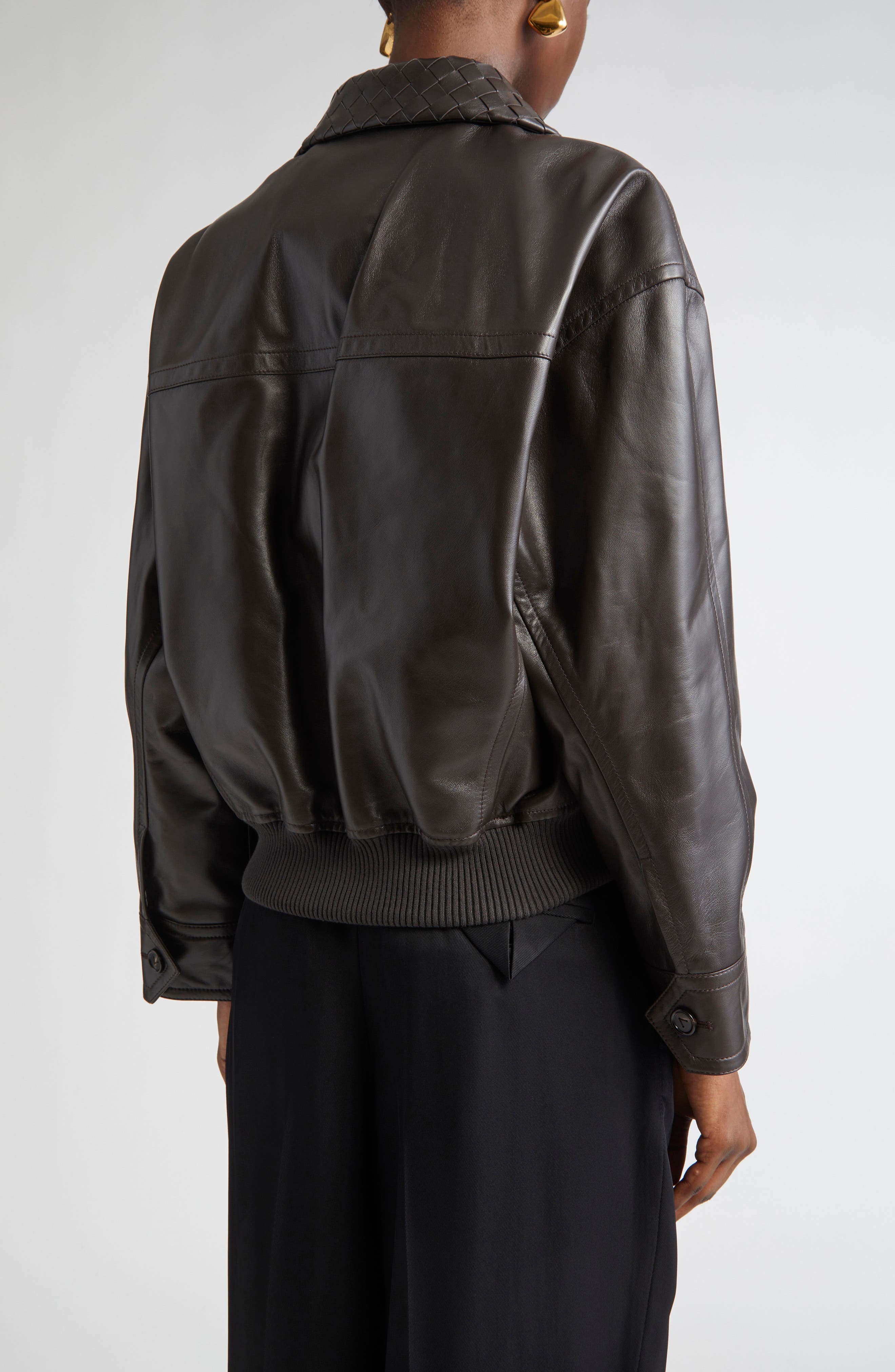 Bottega Veneta Intrecciato Collar Leather Bomber Jacket in 2113 Fondant at Nordstrom - 3