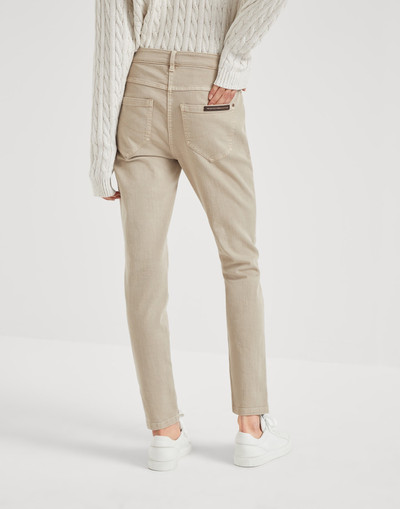 Brunello Cucinelli Stretch dyed denim slim trousers with shiny leather tab outlook