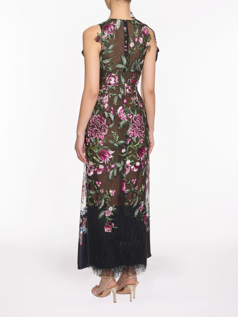 Marchesa EMBROIDERED FRINGE MIDI DRESS outlook