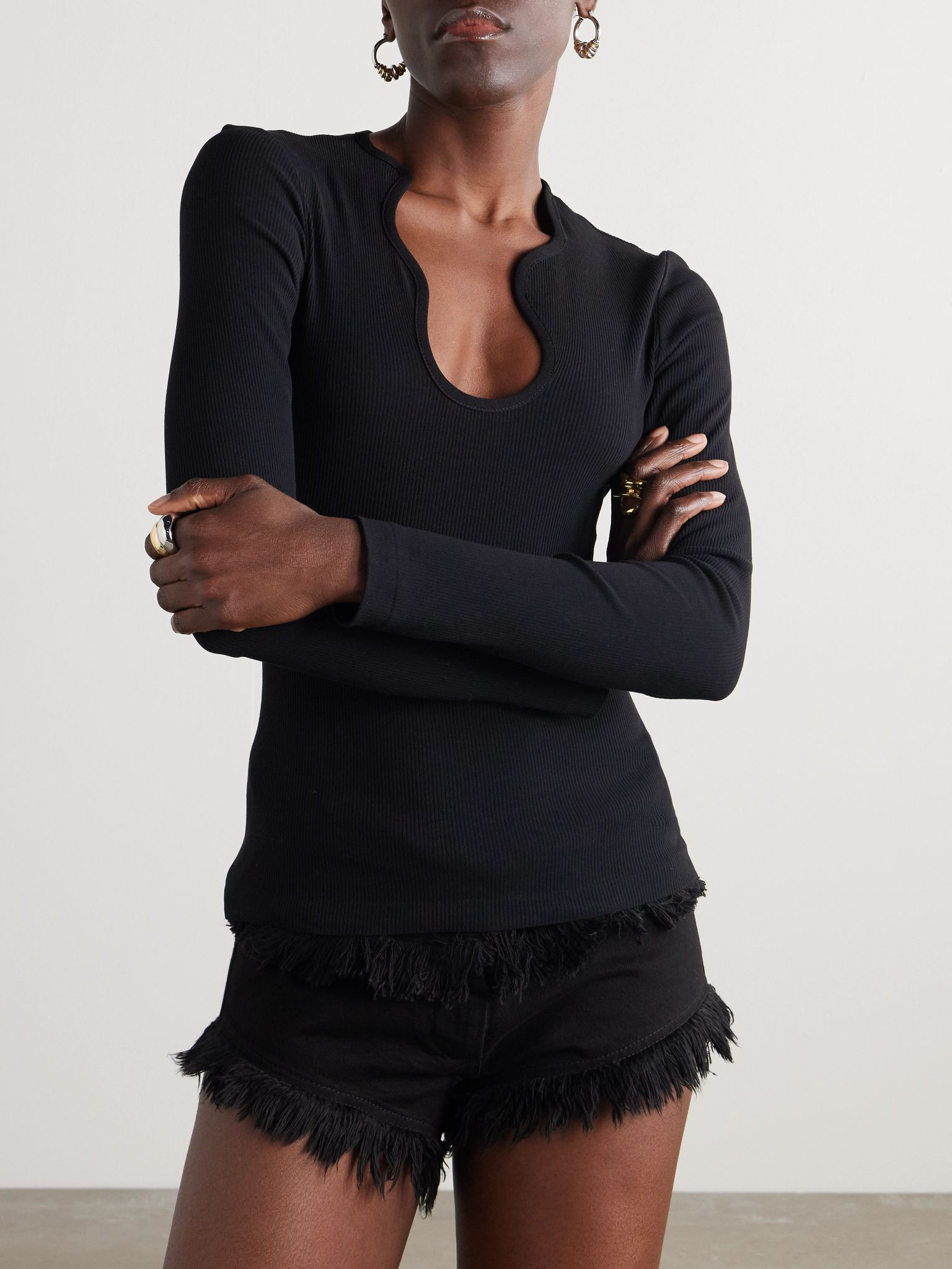 Ribbed cotton top Black - 3