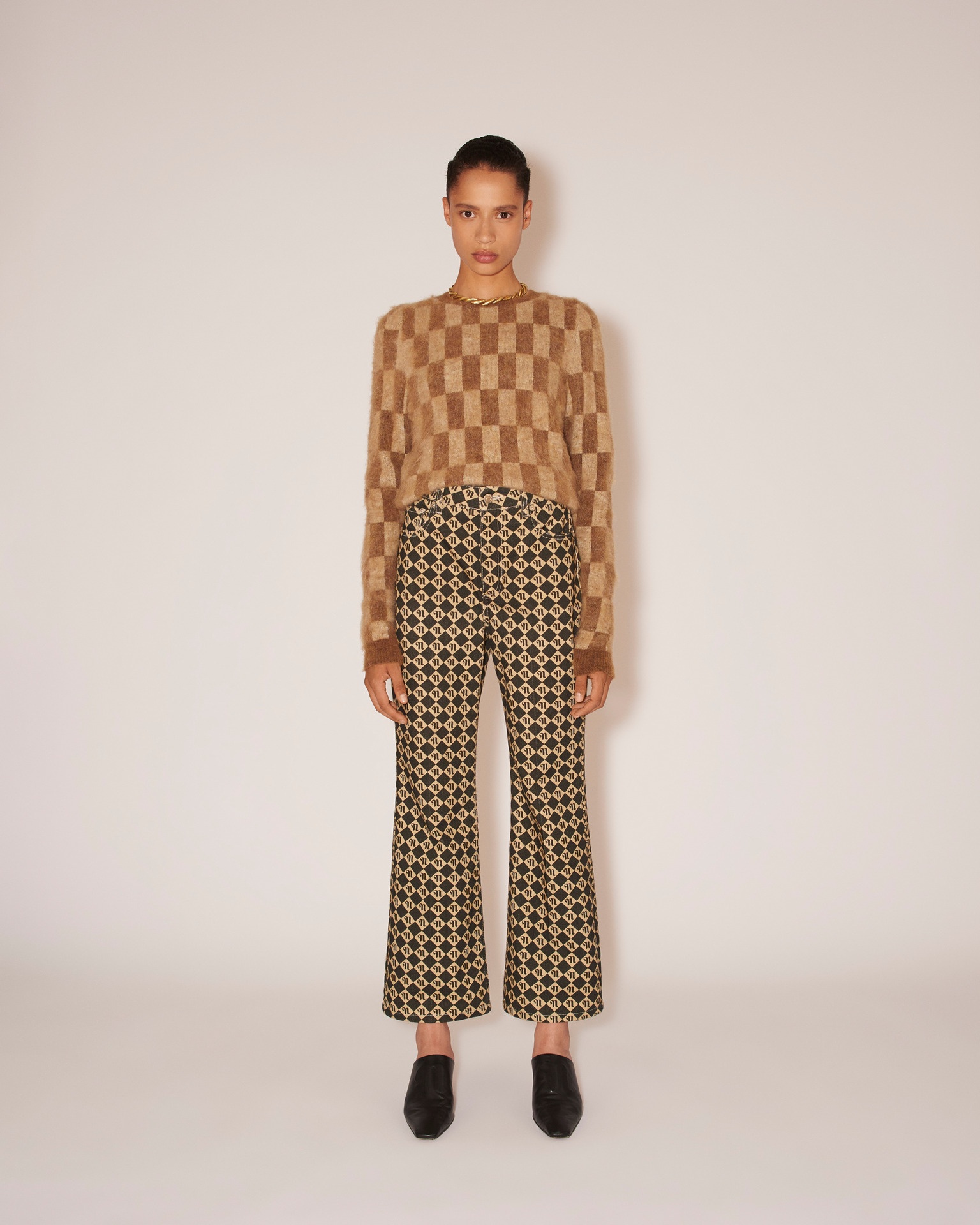 FELINE - Brushed alpaca checkered crew neck sweater - Creme&Brown - 3