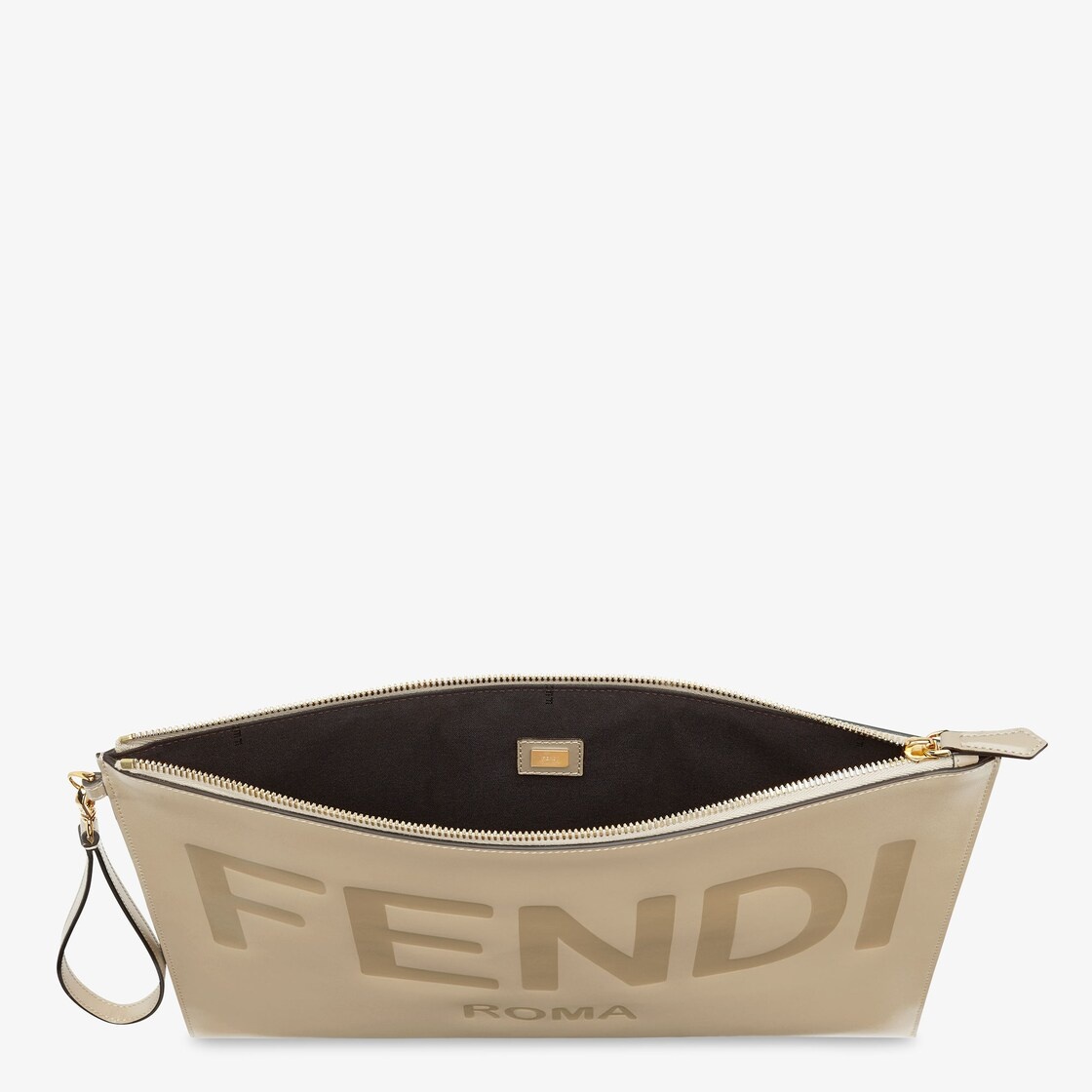 Large pouch with removable bracelet handle. Zipper closure. Made of dove gray leather with Fendi Rom - 3