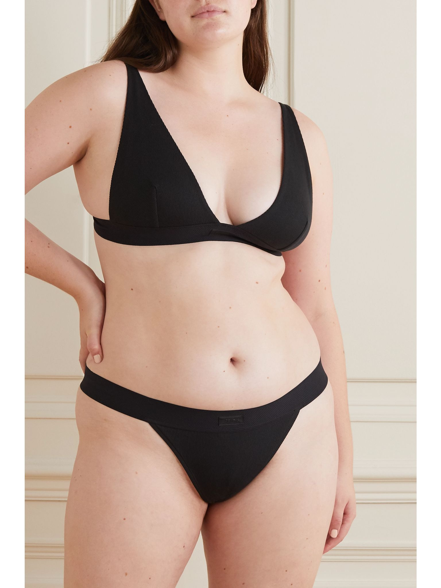 Plunge ribbed cotton-blend jersey bralette - Soot Black - 2