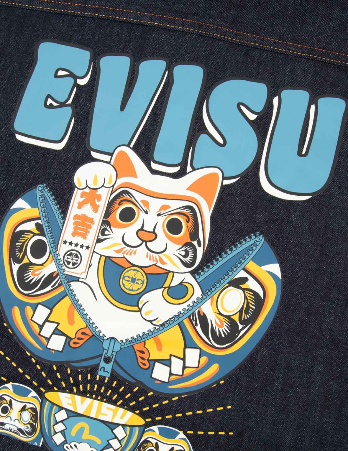 ZIP-UP DARUMA AND FORTUNE CAT PRINT DENIM SHIRT - 11