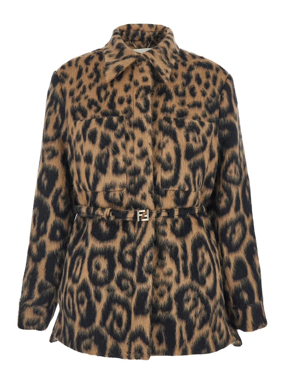 Fendi Women Multicolor Coat With Ff Buckled Belt On The Front And All-Over Leopard Motif In Wool Ble - 1
