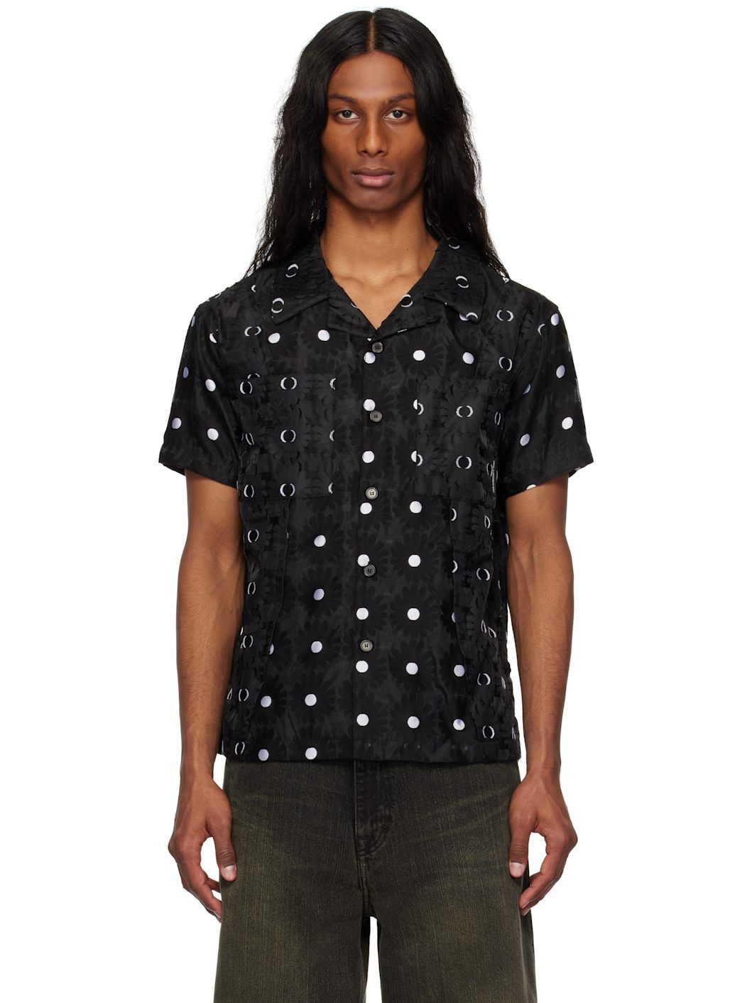 Black Half Sheer Flower Shirt - 1