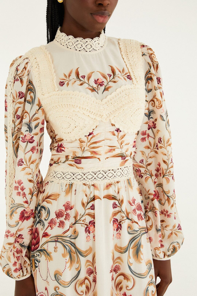 FARM RIO Cream Royal Garden Long Sleeve Crochet Midi Dress outlook