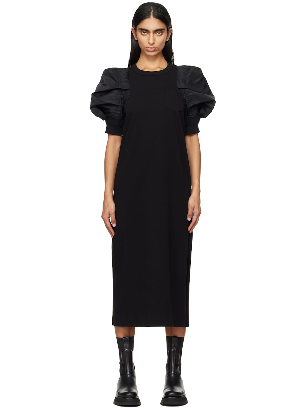 Black Nylon Twill & Cotton Jersey Maxi Dress - 1