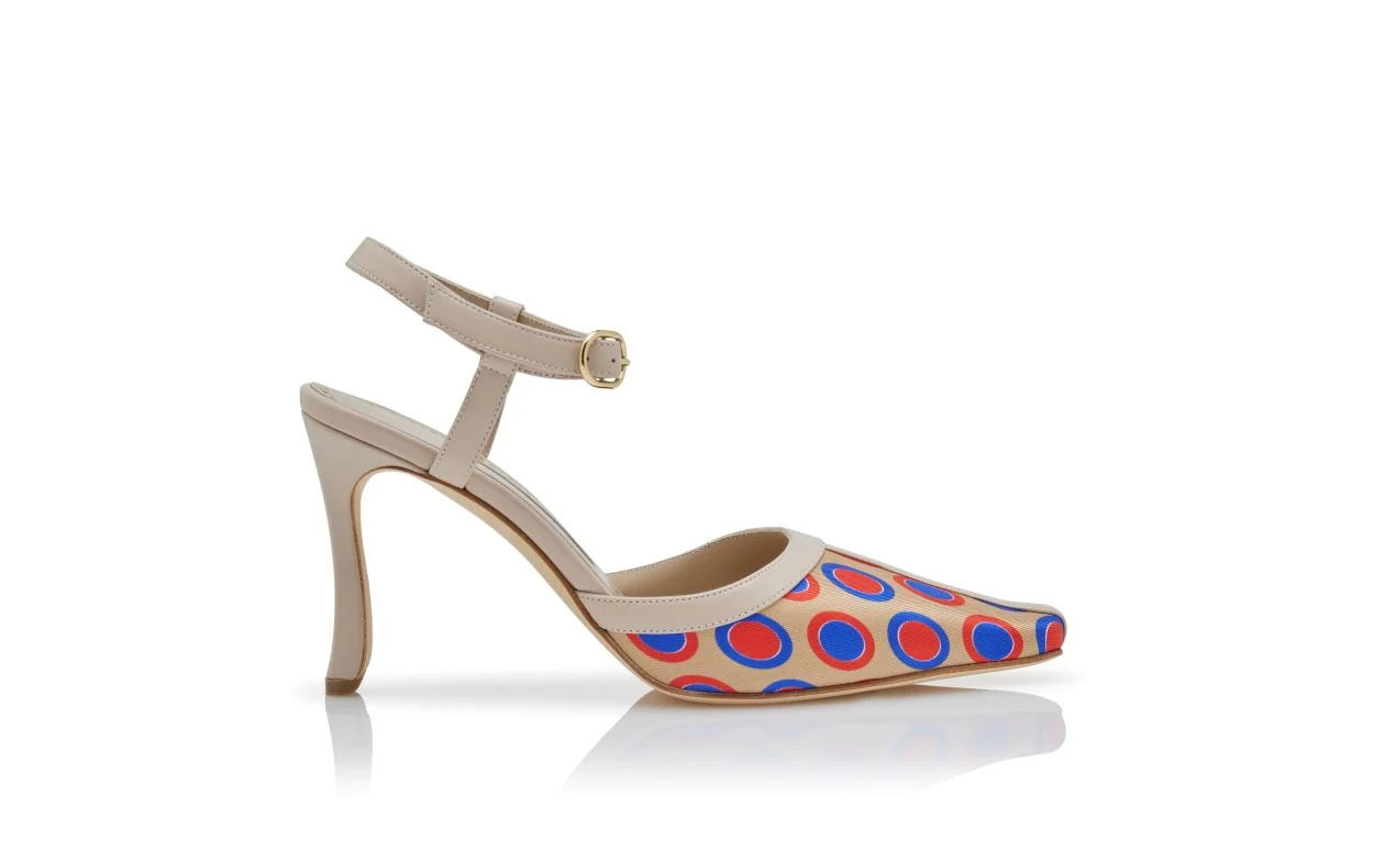 Beige Silk Circular Print Ankle Strap Pumps - 1