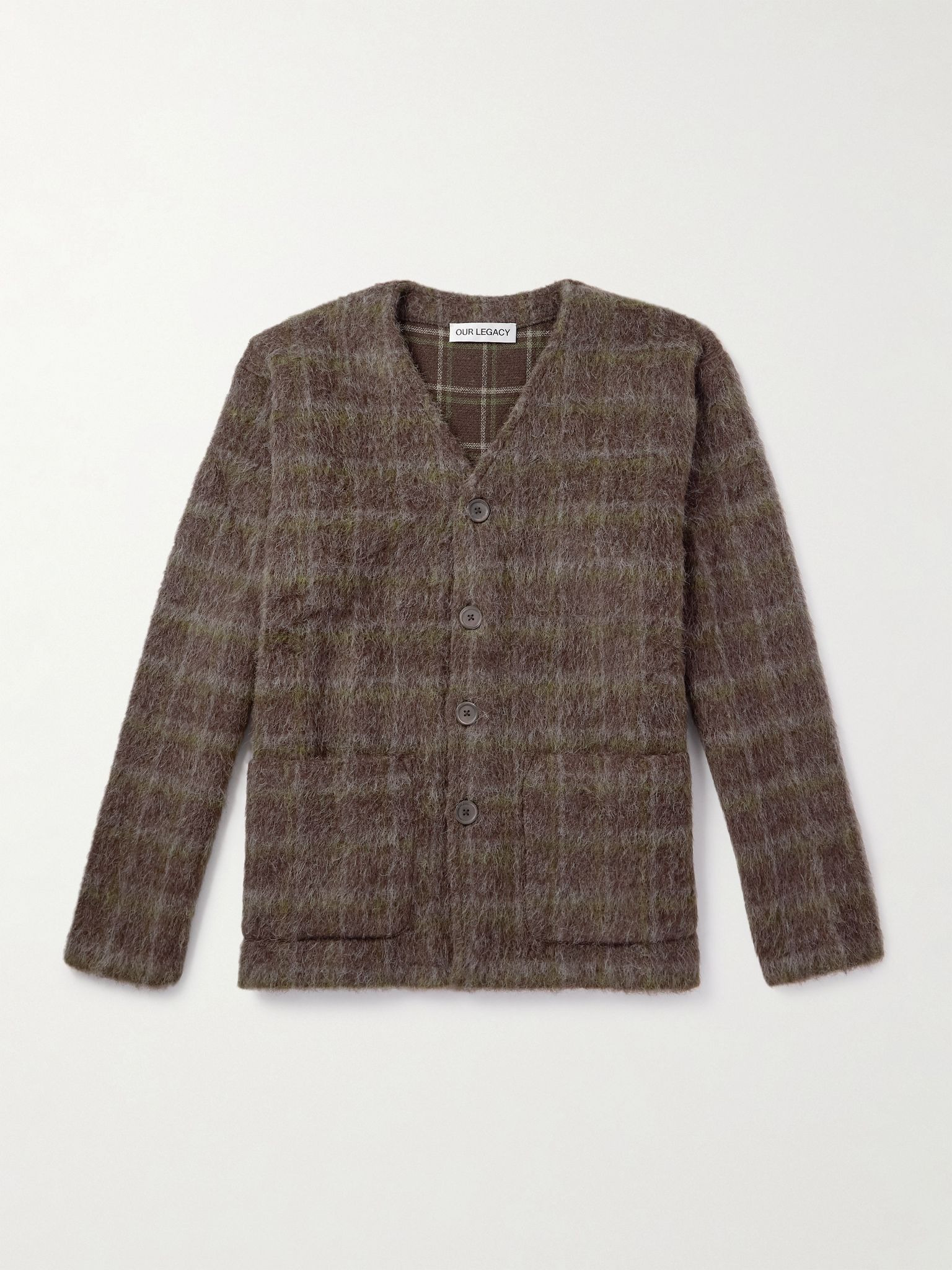 Checked Brushed-Knit Cardigan Brown - 1