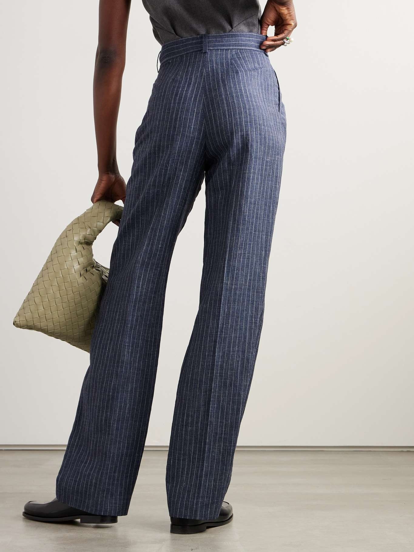 Pleated striped linen-blend straight-leg pants - 3