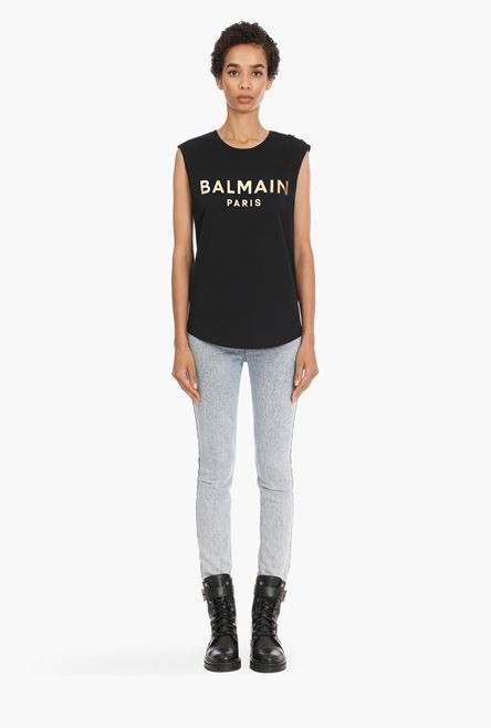 Black cotton T-shirt with gold Balmain logo print - 4