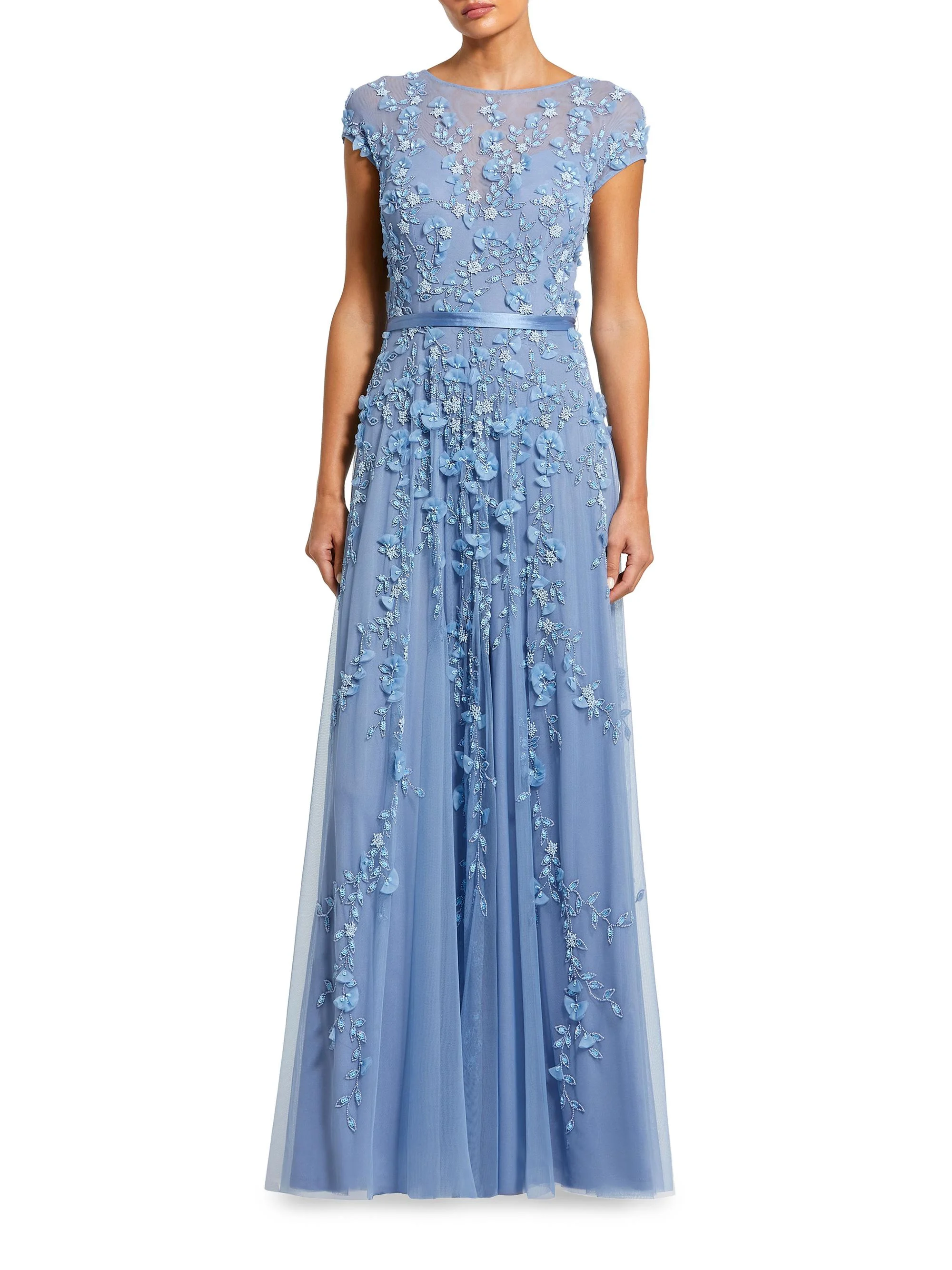Women's Evening Floral-Embroidered Mesh Gown - Sky Blue - 1