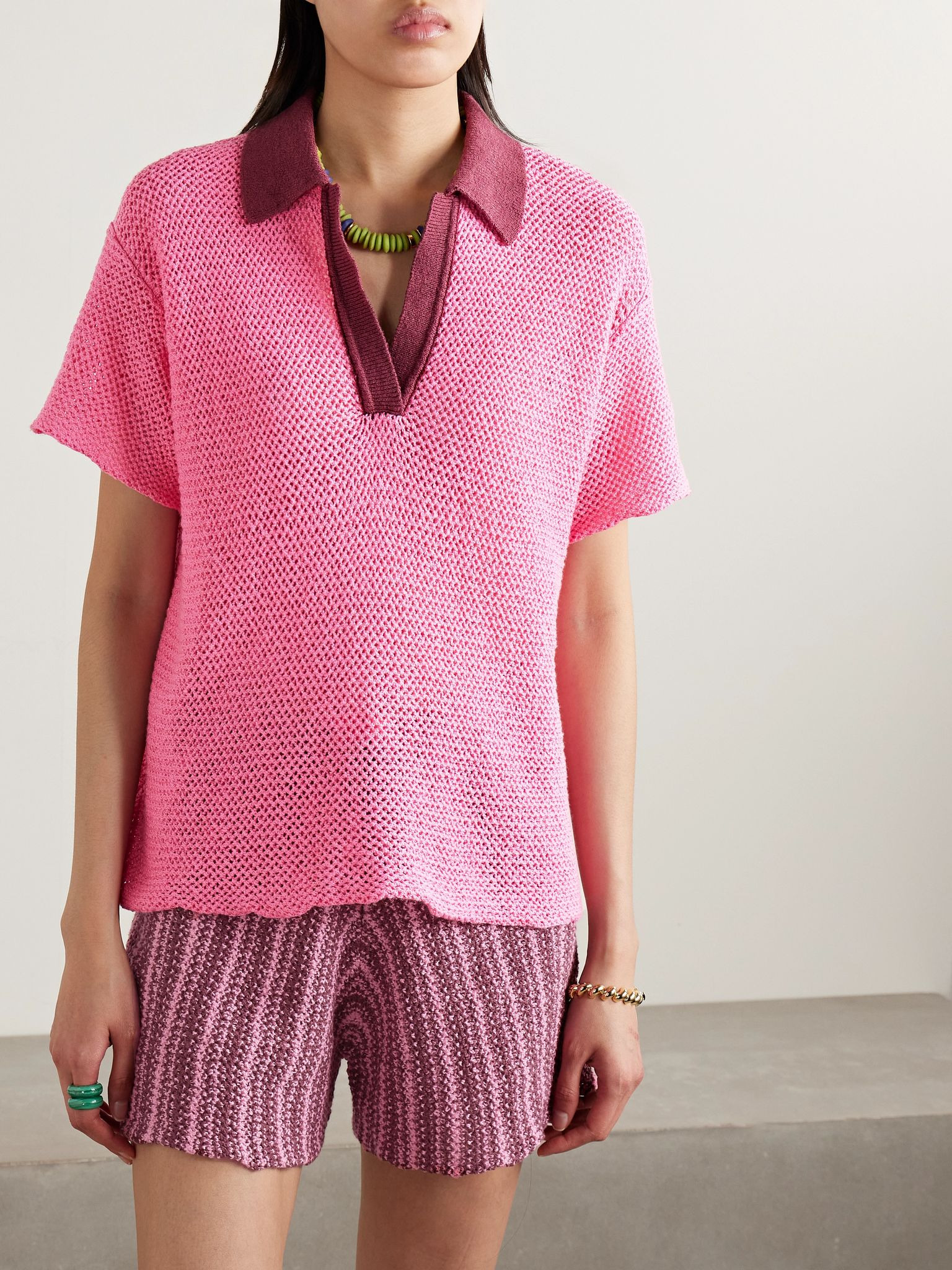 Oversized crocheted cotton polo shirt Bubblegum - 3