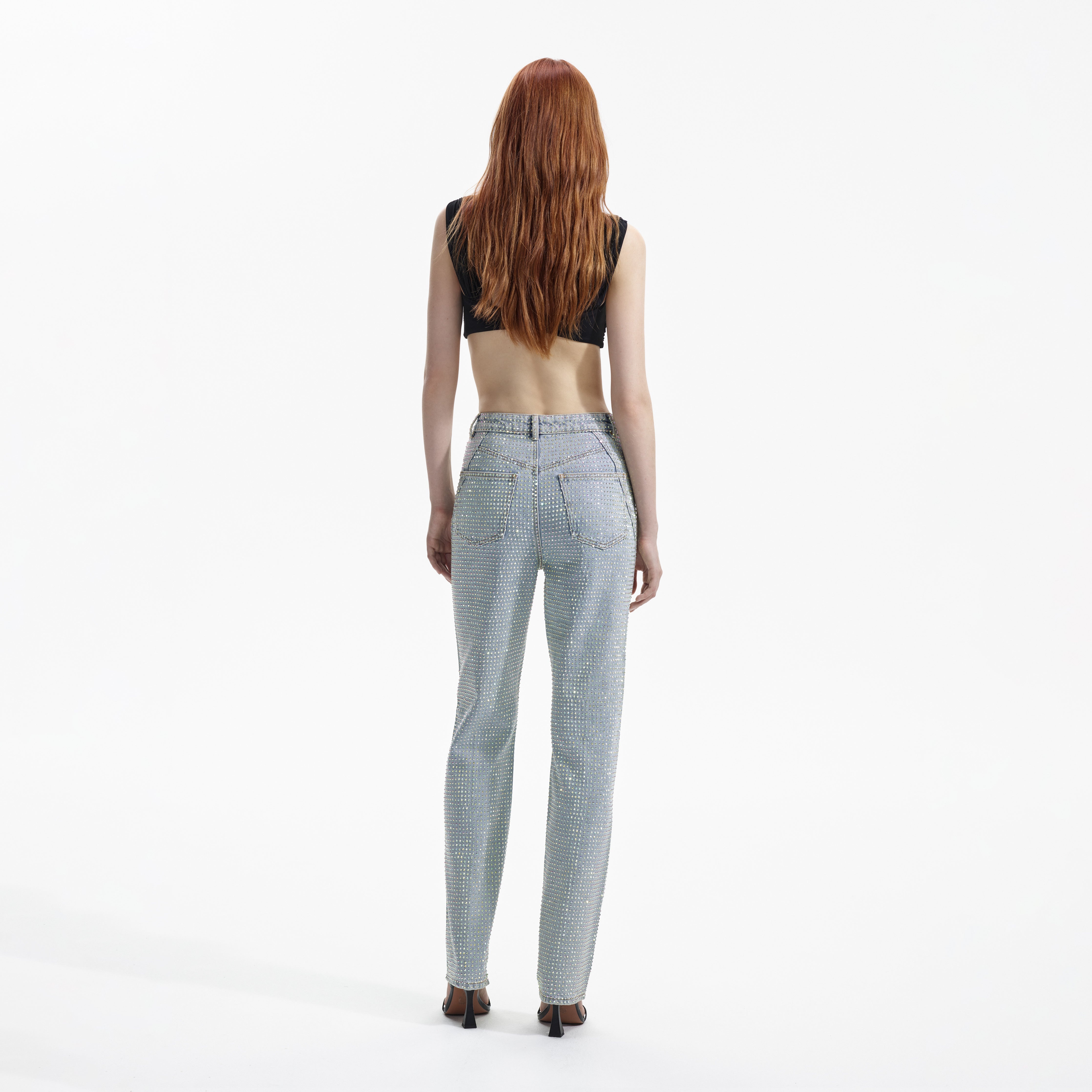 Blue Shorter Length Rhinestone Denim Jeans - 3