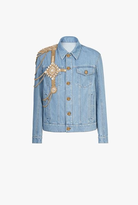 Light blue eco-designed denim jacket with jewel embroidery - 1