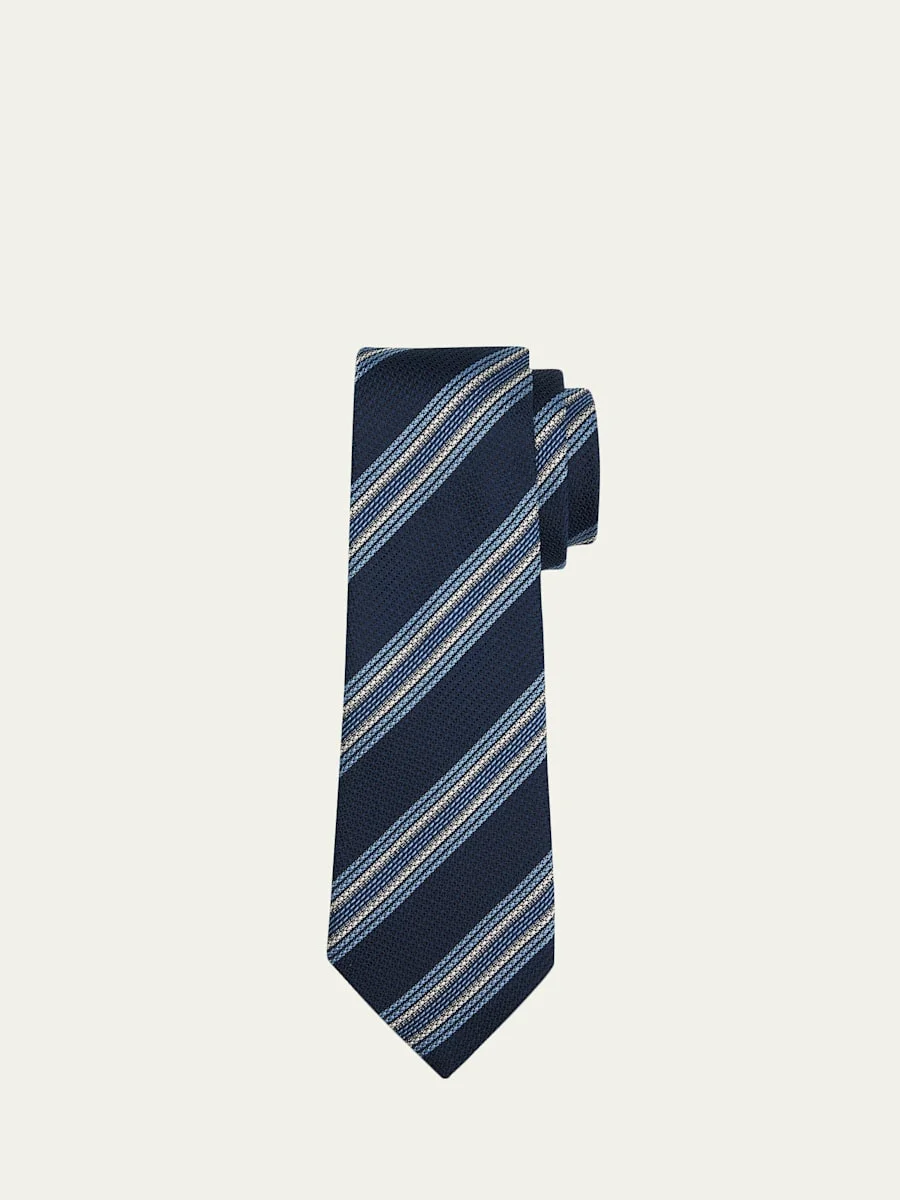 Men's Navy Blue Striped Silk Jacquard Tie - 1